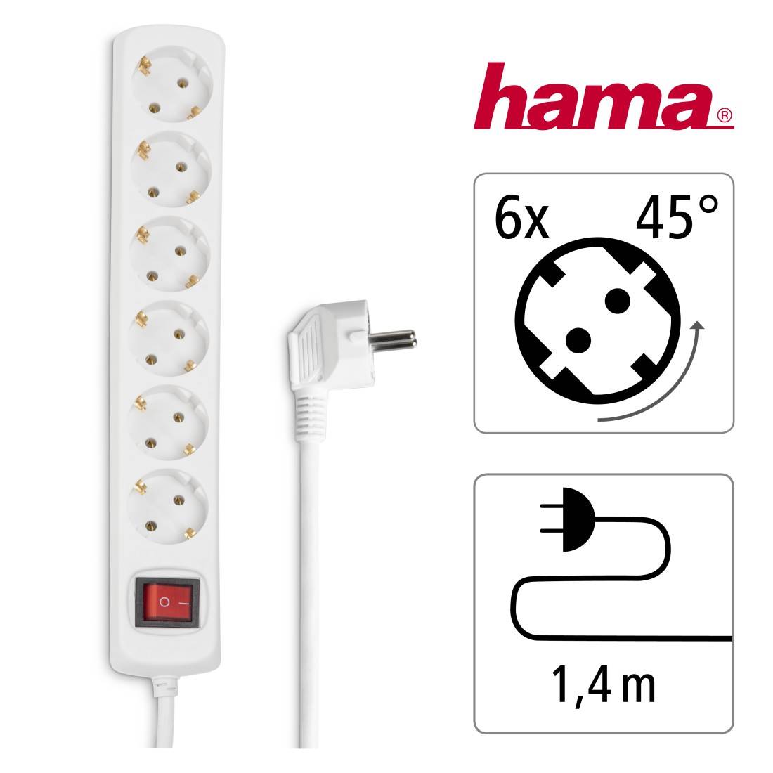 hama 00030384 Steckdosenleiste 6-fach, mit Schalter, 1,4 m, Weiß-1