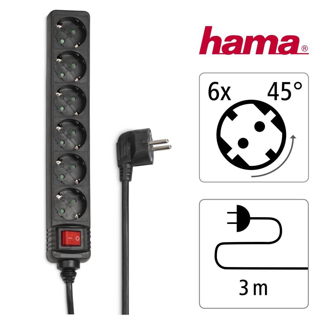 hama 00137265 Steckdosenleiste 6-fach, mit Schalter, 3 m, Schwarz-1