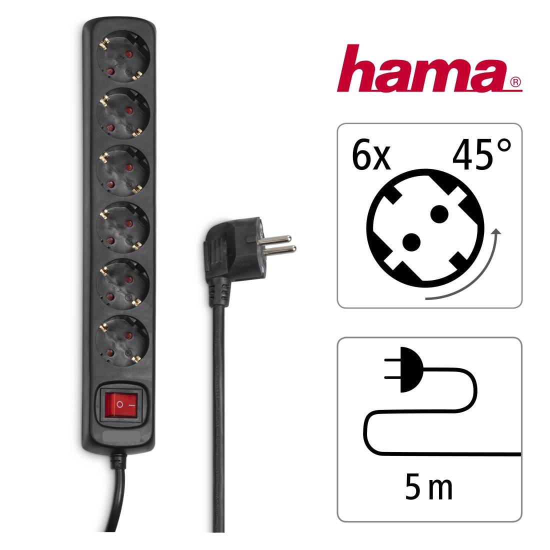 hama 00137266 Steckdosenleiste, 6-fach, mit Schalter, 5 m, Schwarz-1