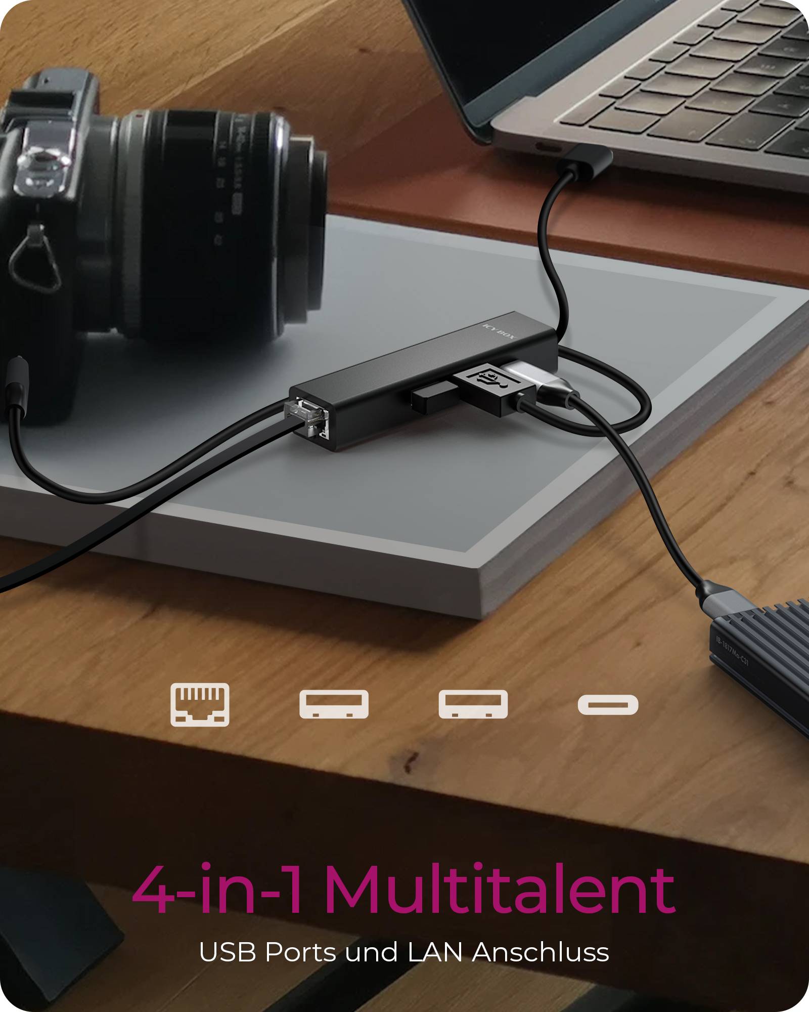 IB-HUB1439-LAN, USB 3.2 Gen 1 HUB/LAN Adapter, Type-A+C zu 2x USB-A & 1x USB-C® & Giga LAN, USB Type-A zu Type-C Adapter-1
