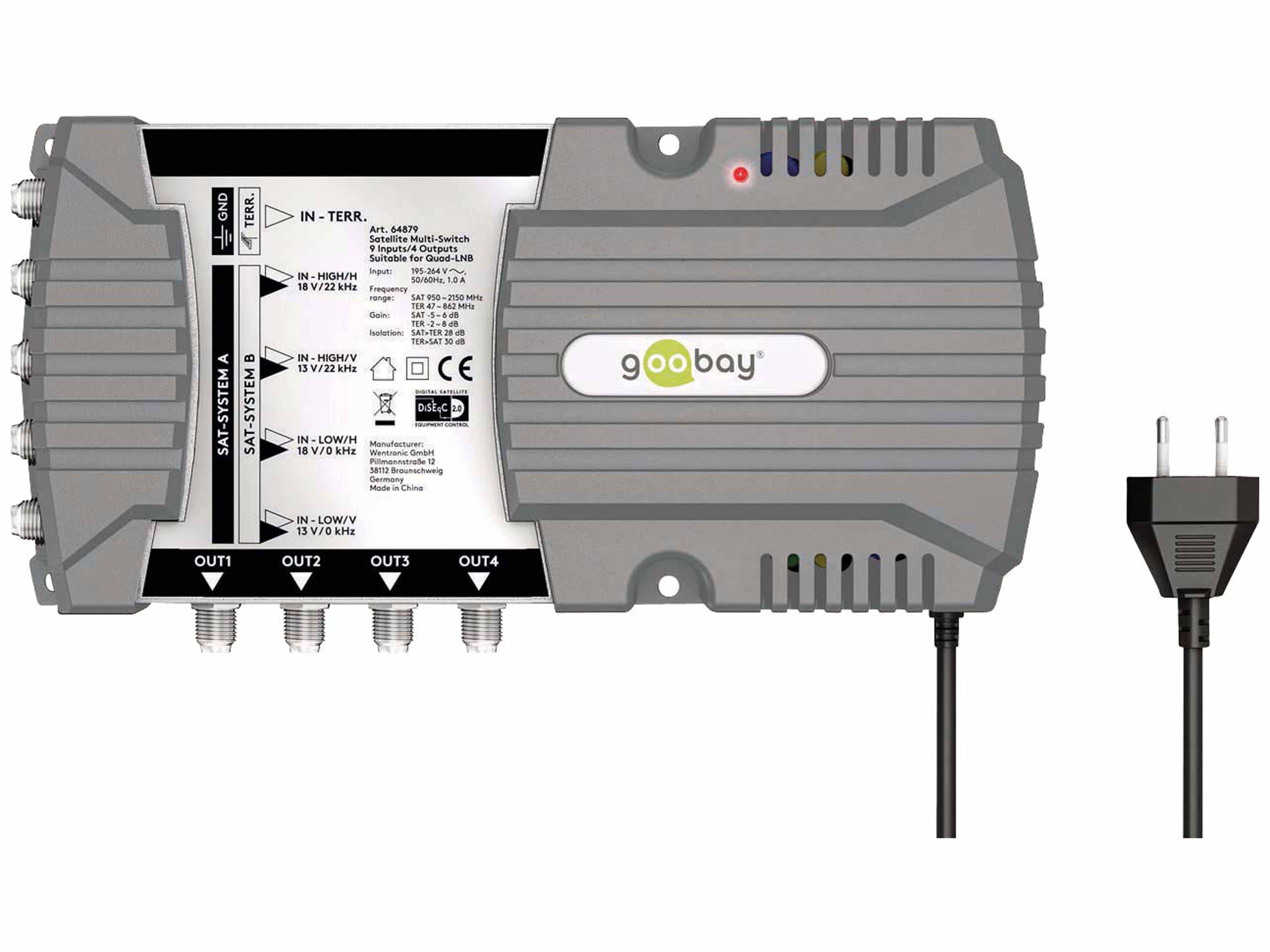 Symbolbild für Goobay Sat-Multischalter 9 Eingänge/4 Ausgänge - Verteiler für max. 4 Teilnehmer von zwei Satelliten