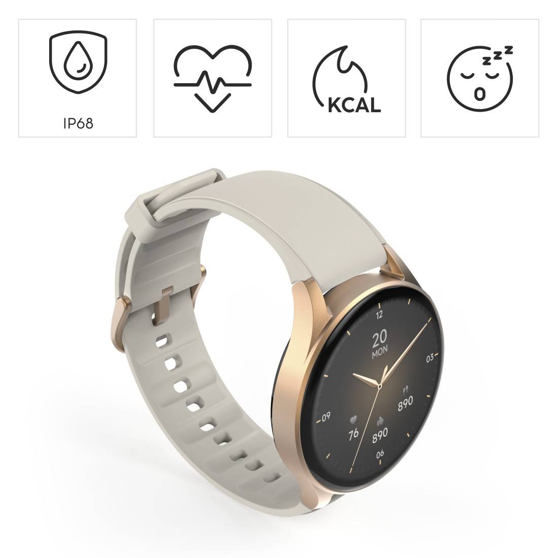 hama 00178613 Smartwatch "8900", GPS, AMOLED 43 mm, Telefonfunktion, Alexa, rund, Gold-1