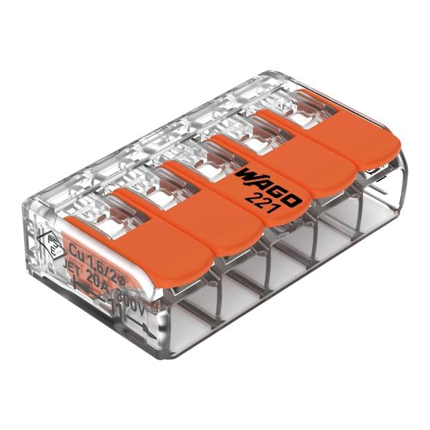 WAGO 221-415 Verbindungsklemme Transparent, Orange flexibel: 0.14-4 mm² starr: 0.2-4 mm² Polzahl: 5 VPE:25 Stück-0