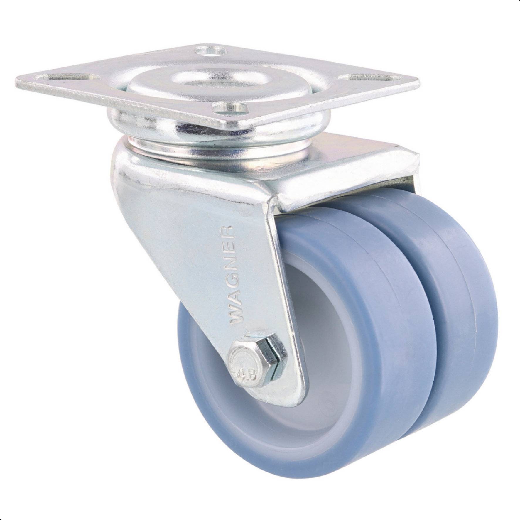 WAGNER Soft-Doppellenkrolle ECO - Ø 50 mm, Stahl verzinkt, blau/weiß, Anschraubplatte, Tragkraft 70 kg - 03155201-0
