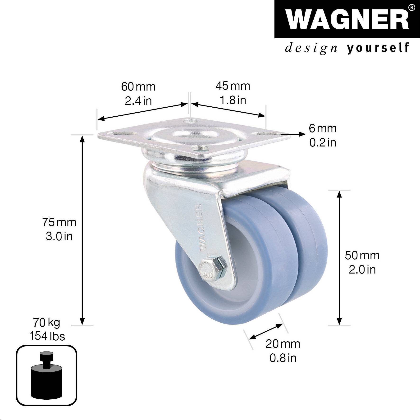 WAGNER Soft-Doppellenkrolle ECO - Ø 50 mm, Stahl verzinkt, blau/weiß, Anschraubplatte, Tragkraft 70 kg - 03155201-1