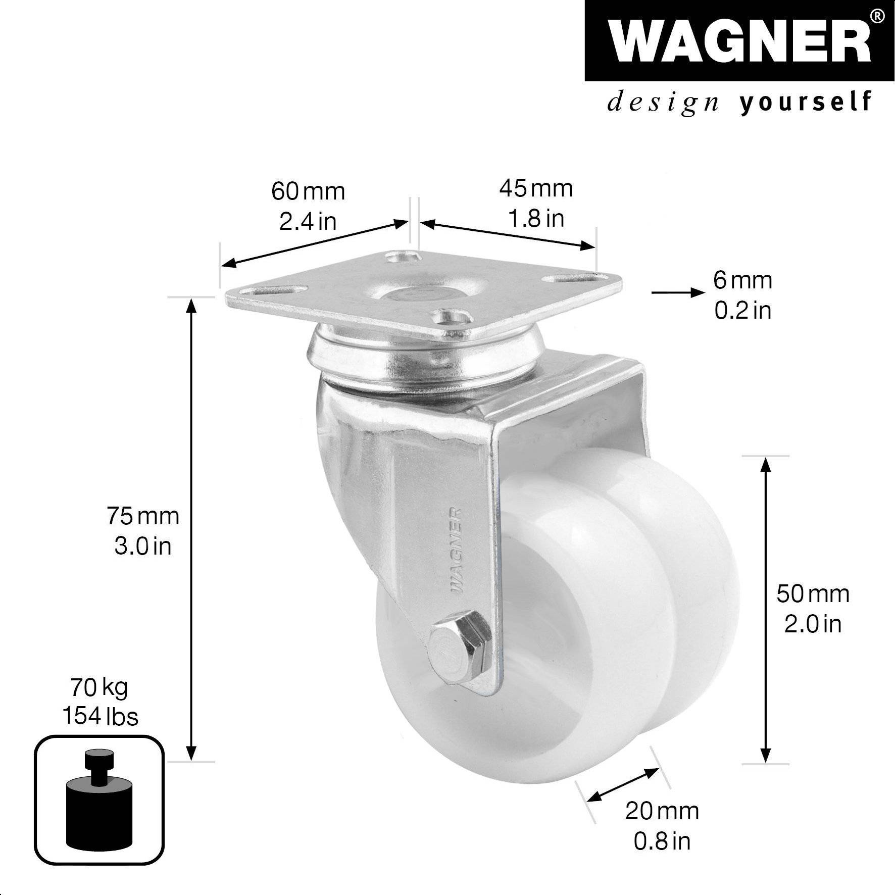 WAGNER Lenkrolle Doppelrolle ECO - Ø 50 mm, Stahl verzinkt, weiß, Anschraubplatte, Tragkraft 70 kg - 03125201-1