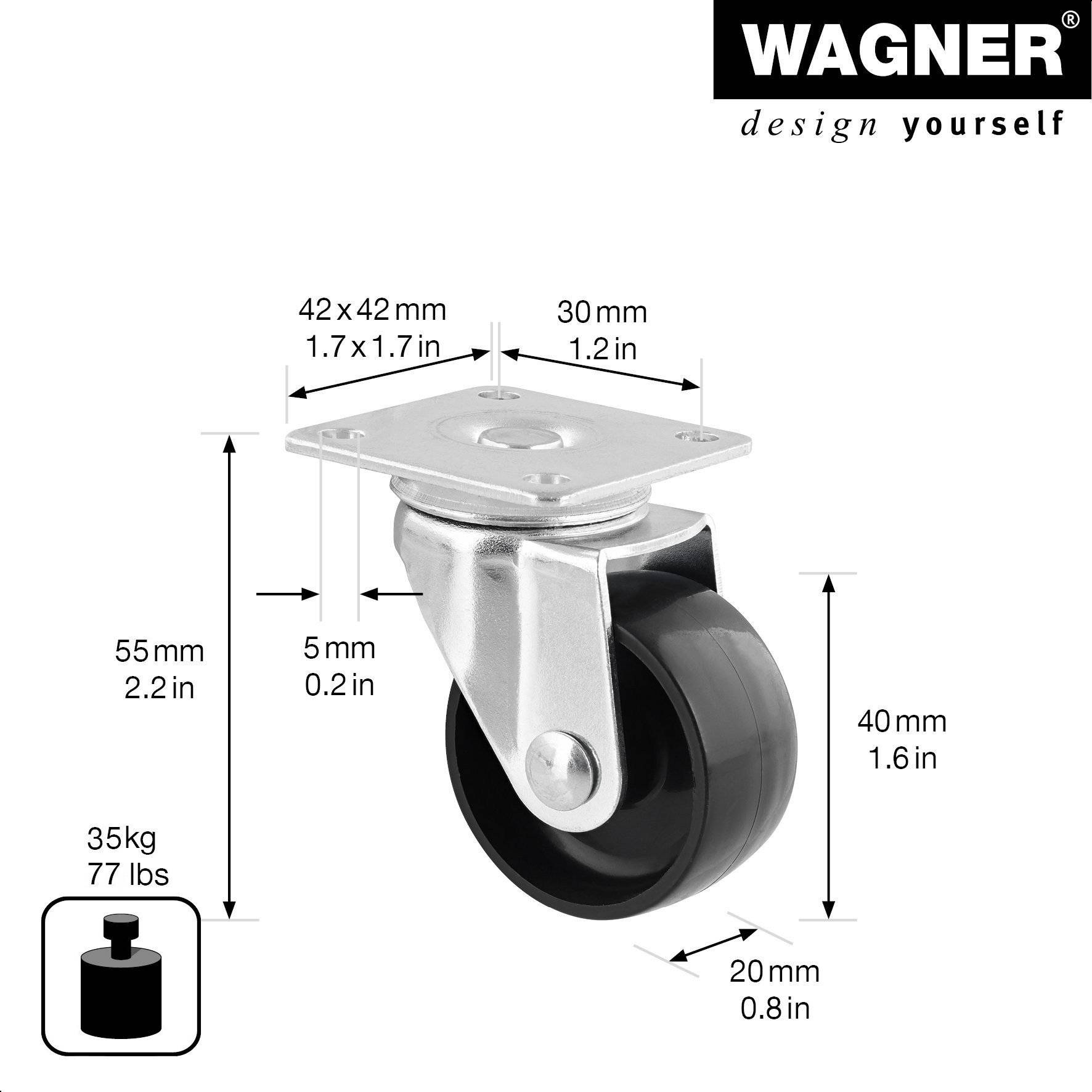 WAGNER Möbelrolle/Lenkrolle 8tlg. Set - Ø 40 mm, Stahl verzinkt, schwarz, Anschraubplatte, Tragkraft 35 kg - 02212000-1