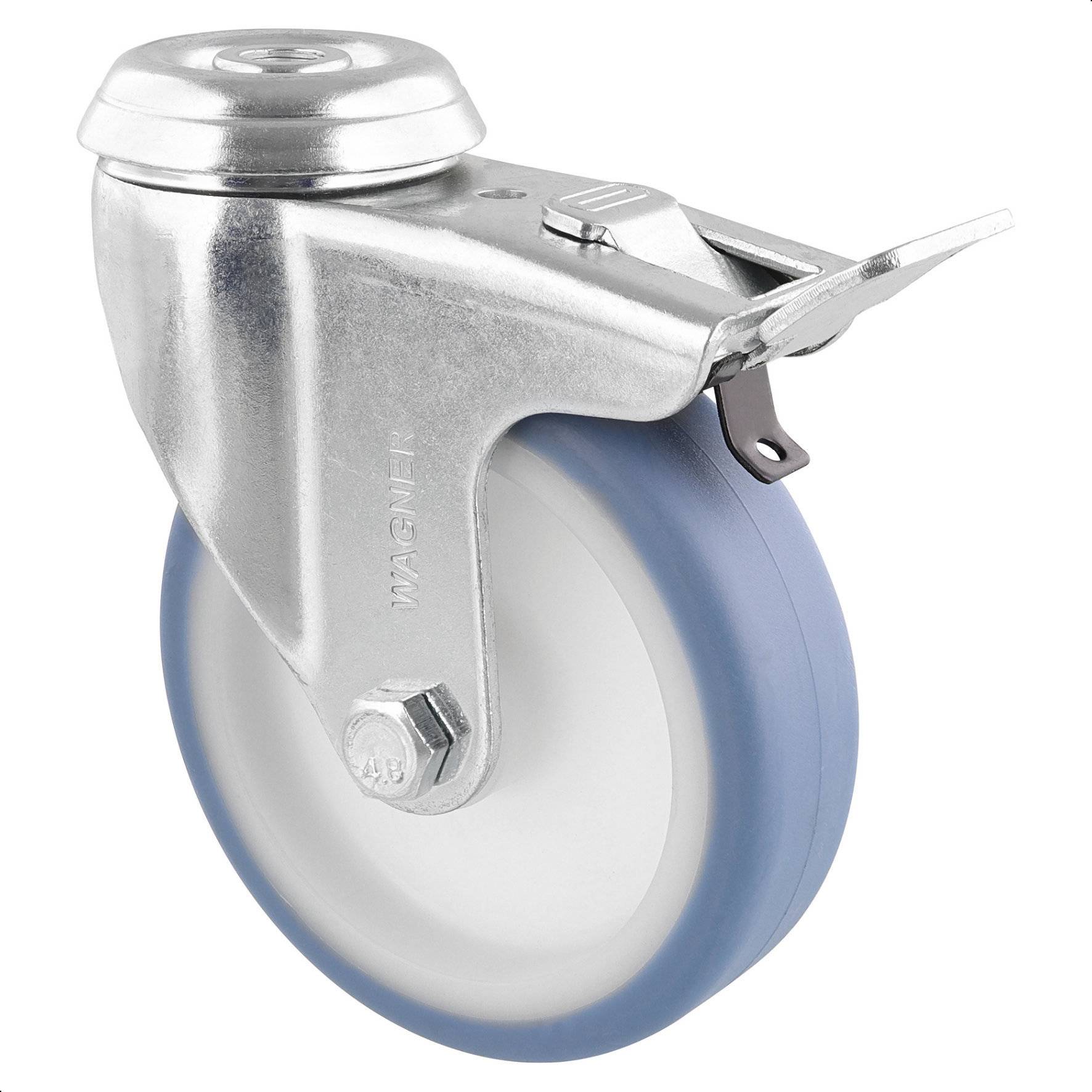 WAGNER Soft-Lenkrolle mit Rückenloch - Ø 100 mm, Stahl verzinkt, blau/weiß, Bremse, Tragkraft 75 kg - 23370001-0