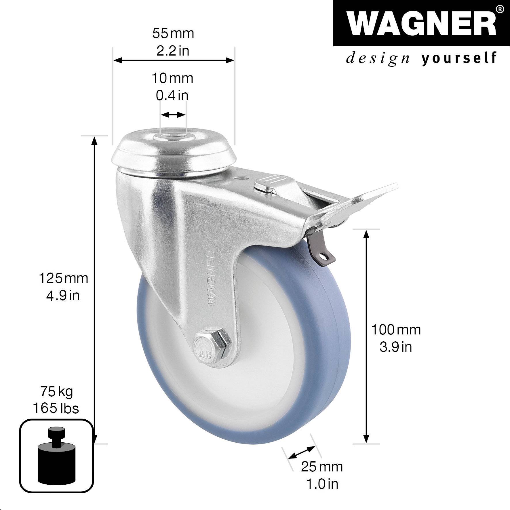 WAGNER Soft-Lenkrolle mit Rückenloch - Ø 100 mm, Stahl verzinkt, blau/weiß, Bremse, Tragkraft 75 kg - 23370001-1