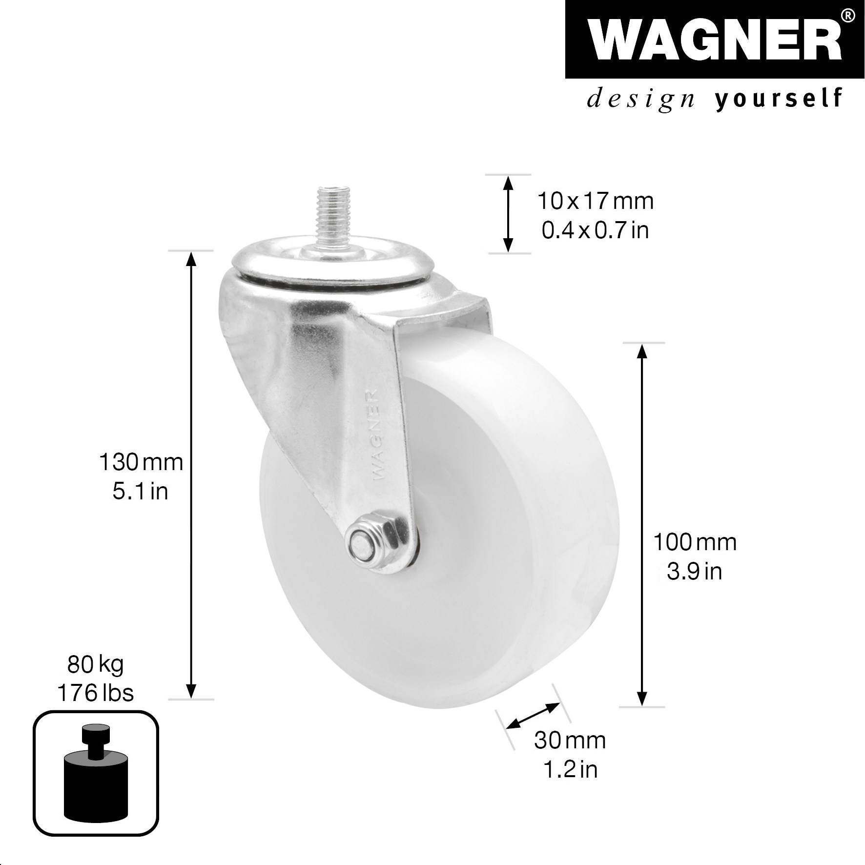 WAGNER Lenkrolle - Ø 100 mm, Stahl verzinkt, weiß, Platte mit Gewinde M10x17, Tragkraft 80 kg - 04111101-1