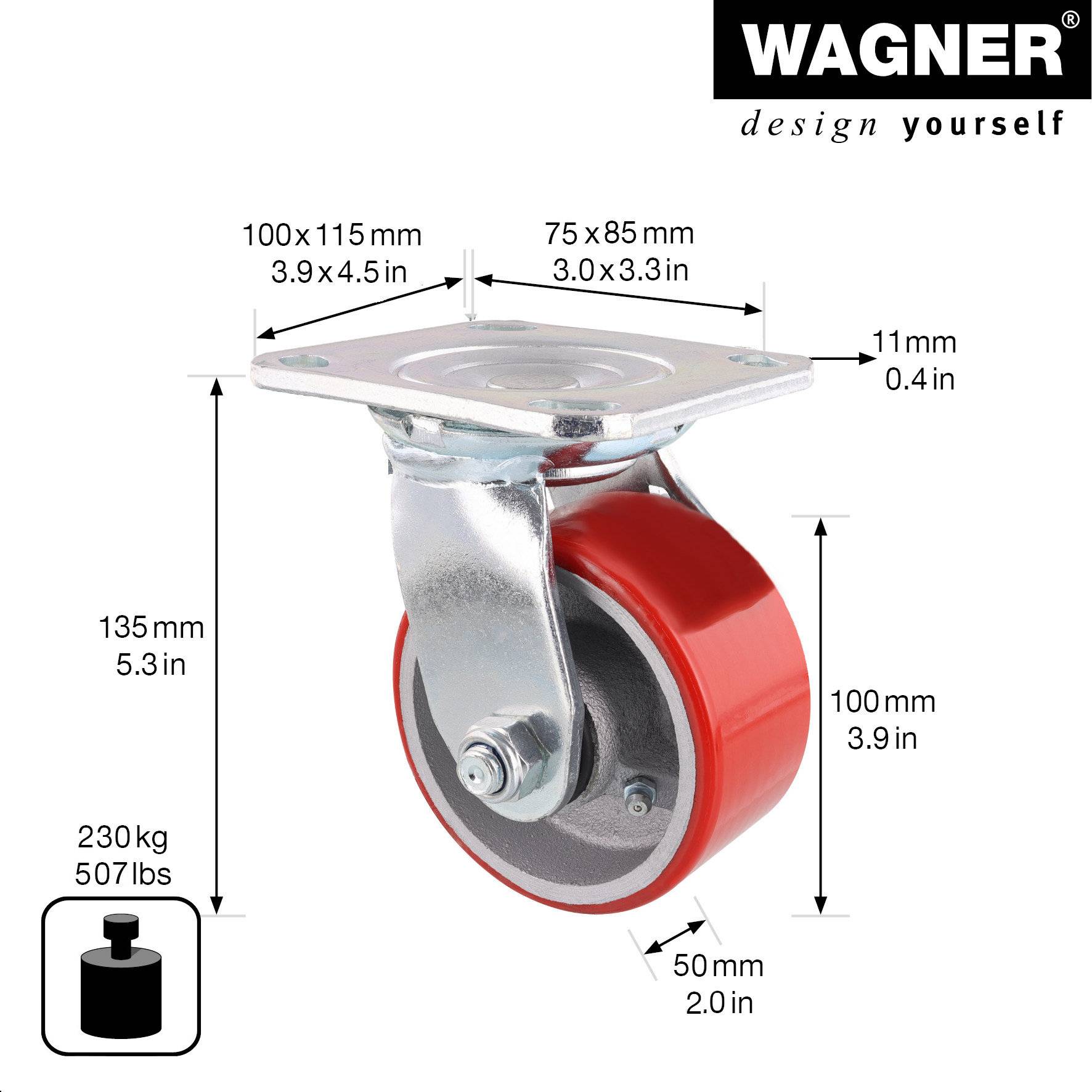 WAGNER Soft-Schwerlast Lenkrolle - Ø 100 mm, Stahl & Gusseisen, rot/silber, Platte, Tragkraft 230 kg - 04011601-1