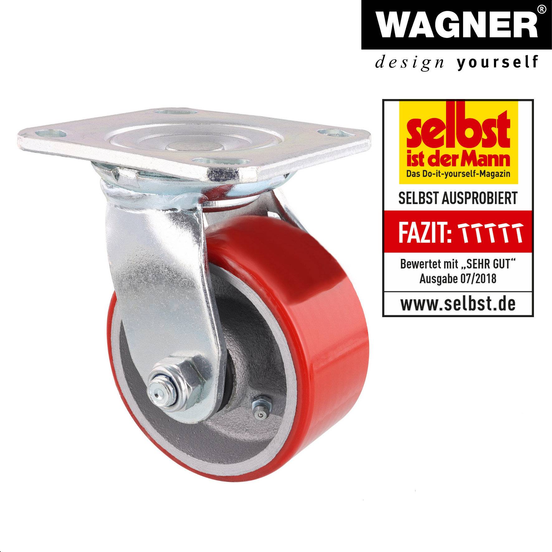 WAGNER Soft-Schwerlast Lenkrolle - Ø 100 mm, Stahl & Gusseisen, rot/silber, Platte, Tragkraft 230 kg - 04011601-2