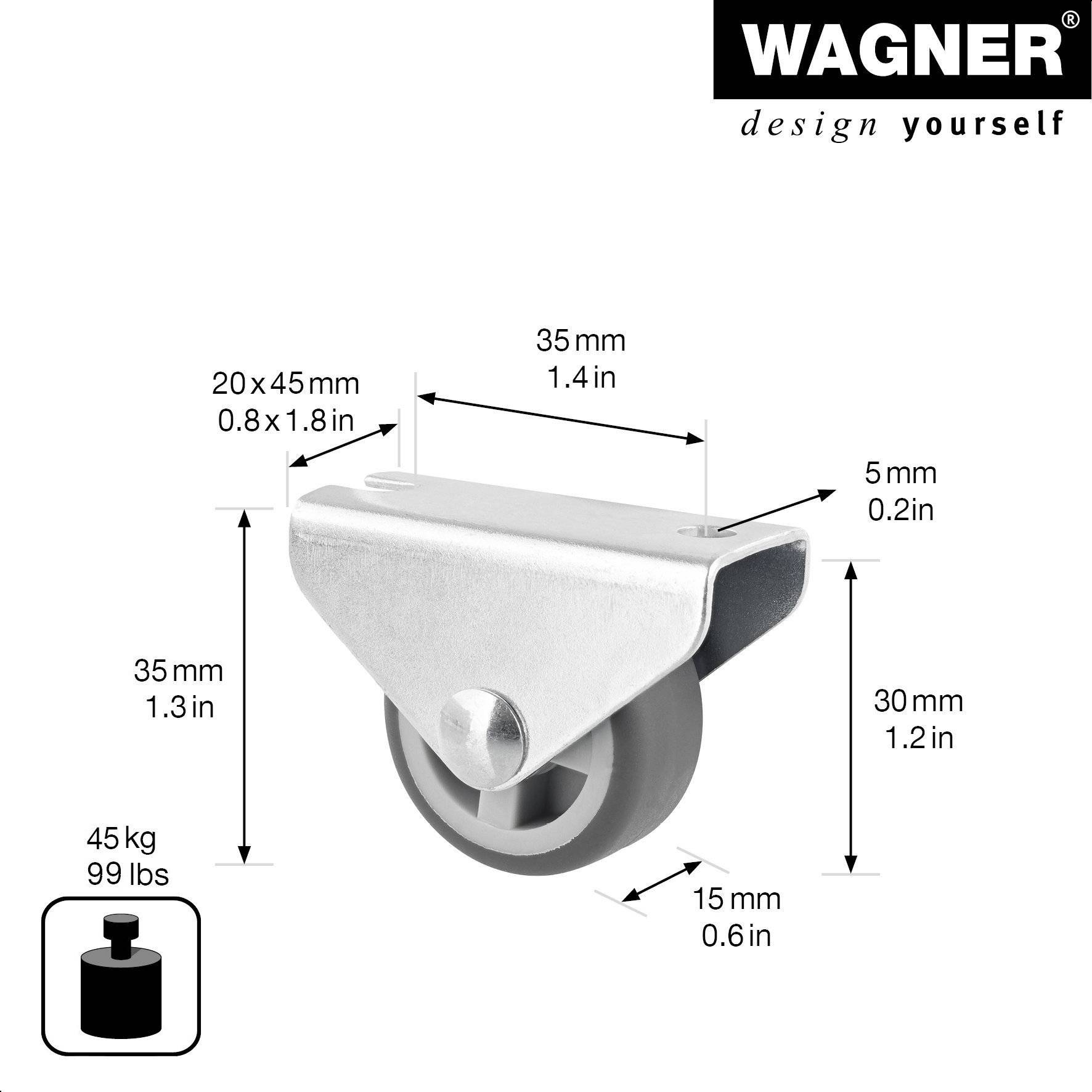 WAGNER Design Möbelrolle/Bockrolle - Durchmesser Ø 30 mm, Stahl verzinkt, grau, Tragkraft 45 kg - 01075601-1