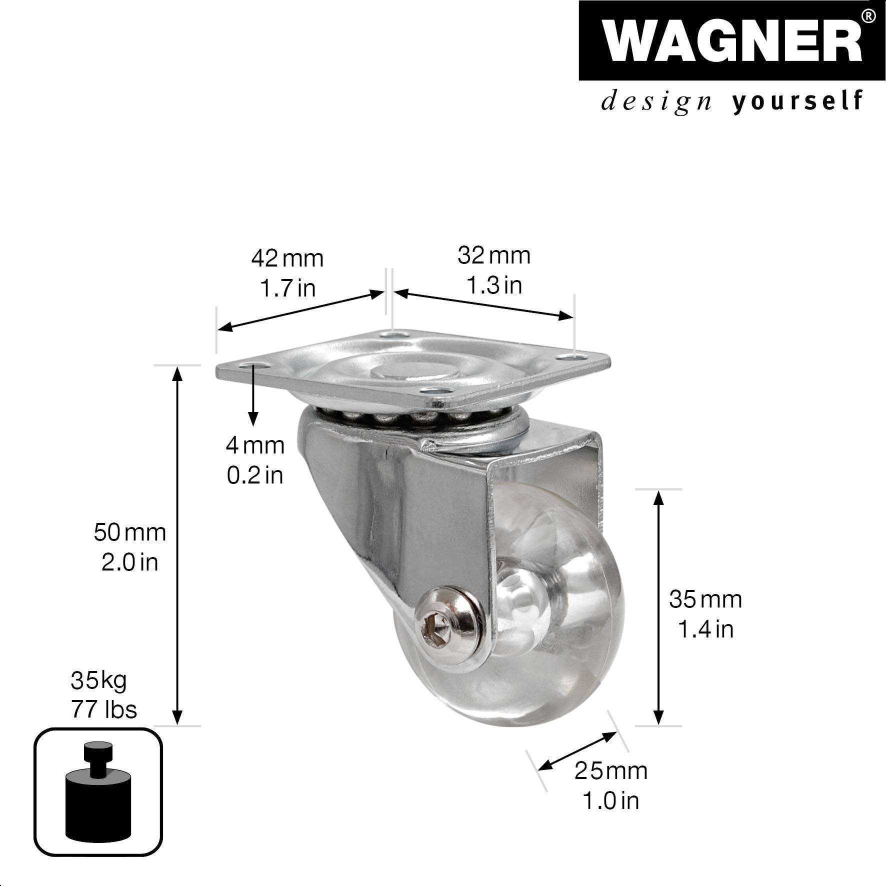 WAGNER Soft-Lenkrolle SKATER - Ø 35 mm, Stahl verzinkt, transparent, Anschraubplatte, Tragkraft 35 kg - 03103501-1
