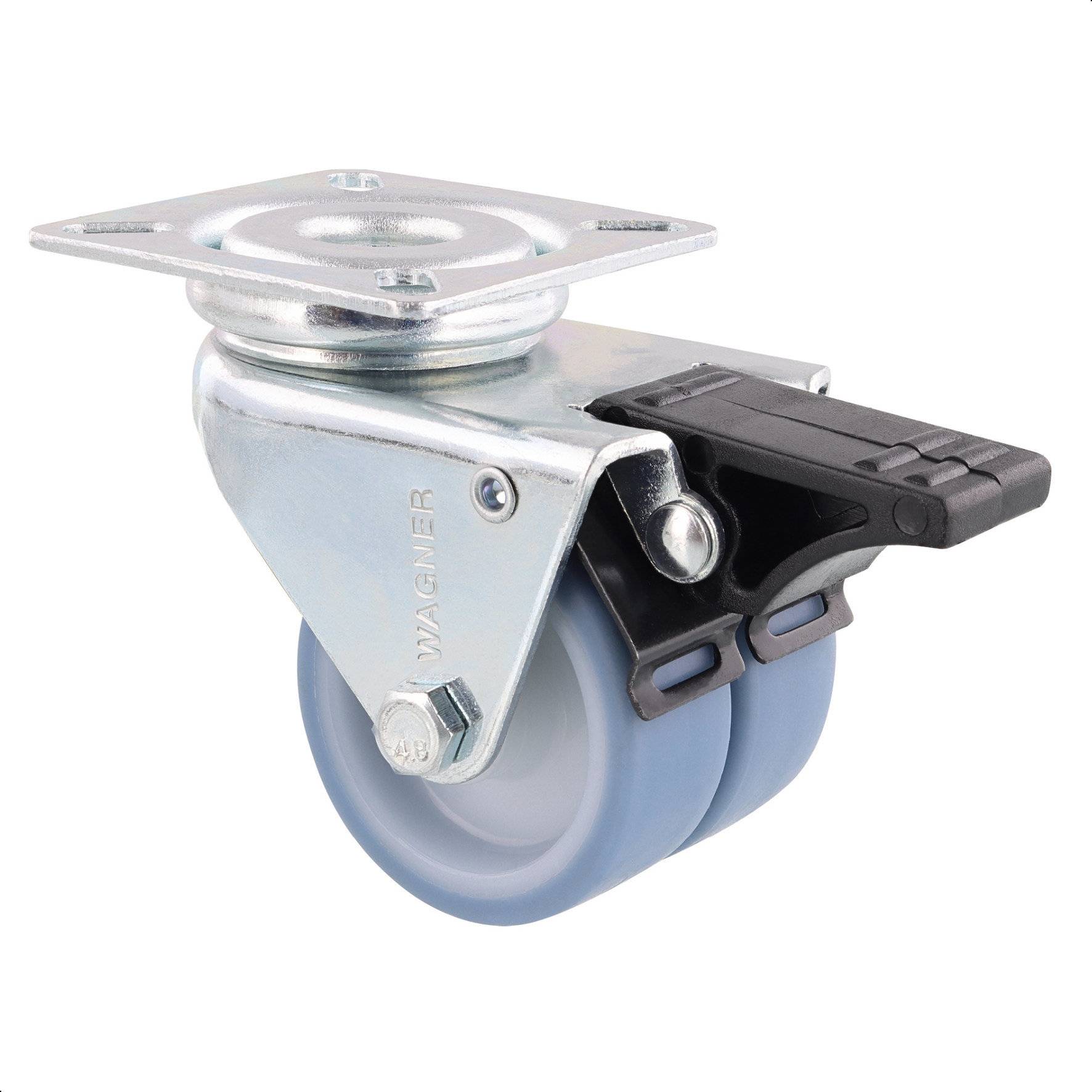 WAGNER Soft-Doppelrolle ECO - Ø 50 mm, Bremse, Stahl verzinkt, blau/weiß, Anschraubplatte, Tragkraft 70 kg - 03355201-0