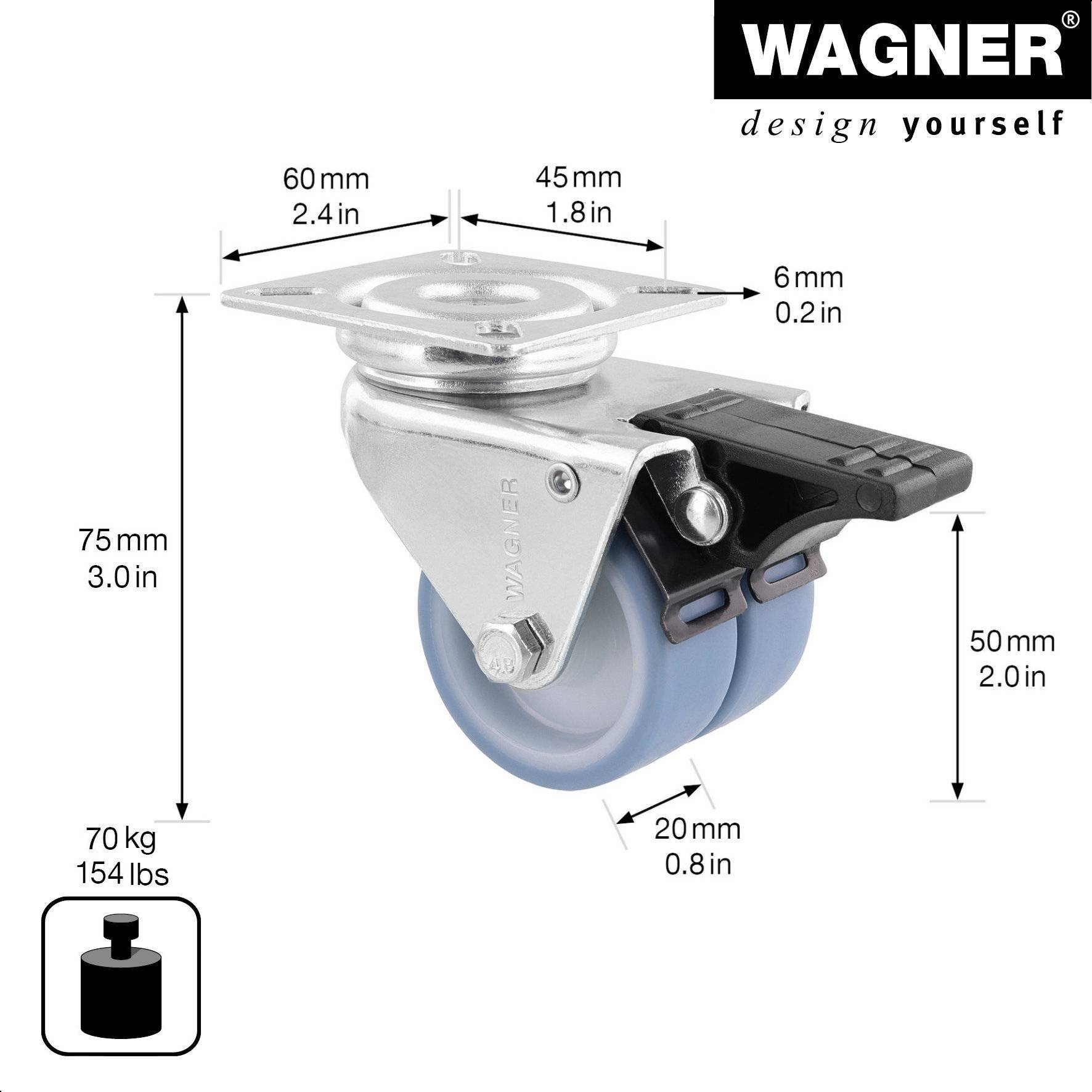 WAGNER Soft-Doppelrolle ECO - Ø 50 mm, Bremse, Stahl verzinkt, blau/weiß, Anschraubplatte, Tragkraft 70 kg - 03355201-1