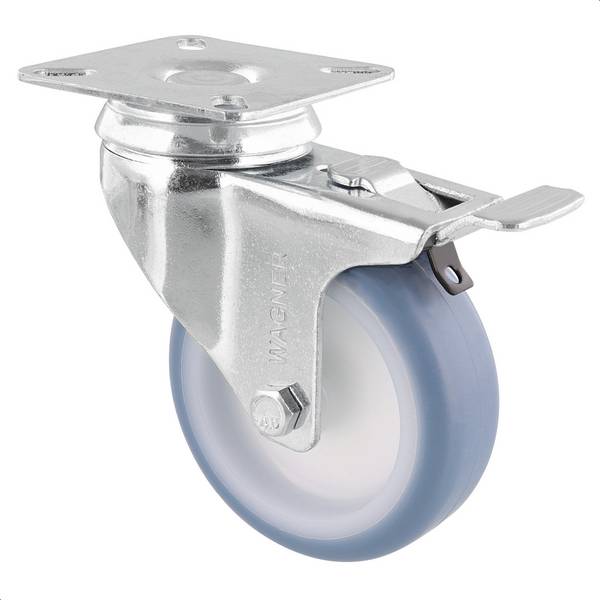 WAGNER Soft-Lenkrolle - Ø 75 mm, Stahl verzinkt, blau/weiß, Bremse, Anschraubplatte, Tragkraft 60 kg - 03377501