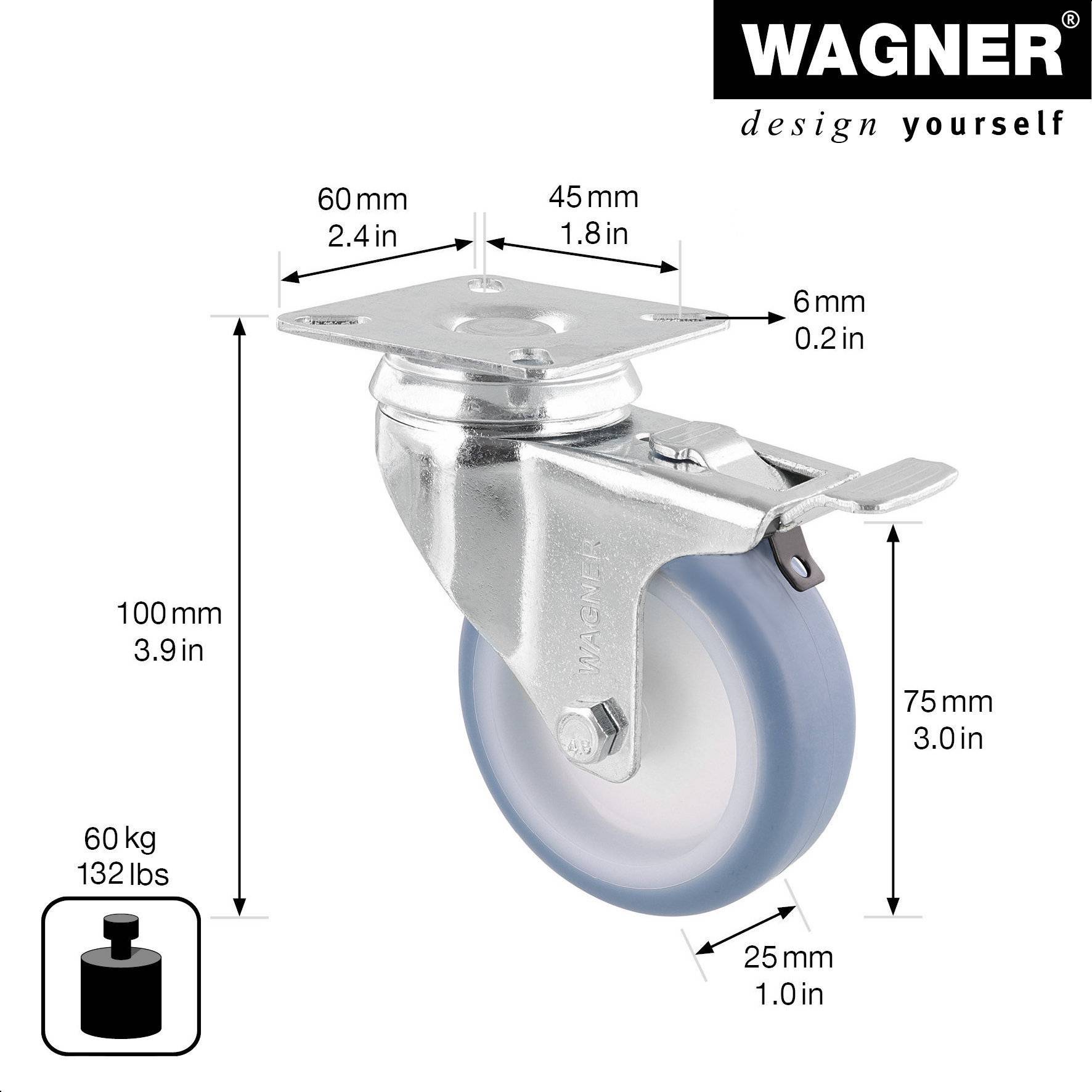 WAGNER Soft-Lenkrolle - Ø 75 mm, Stahl verzinkt, blau/weiß, Bremse, Anschraubplatte, Tragkraft 60 kg - 03377501-1