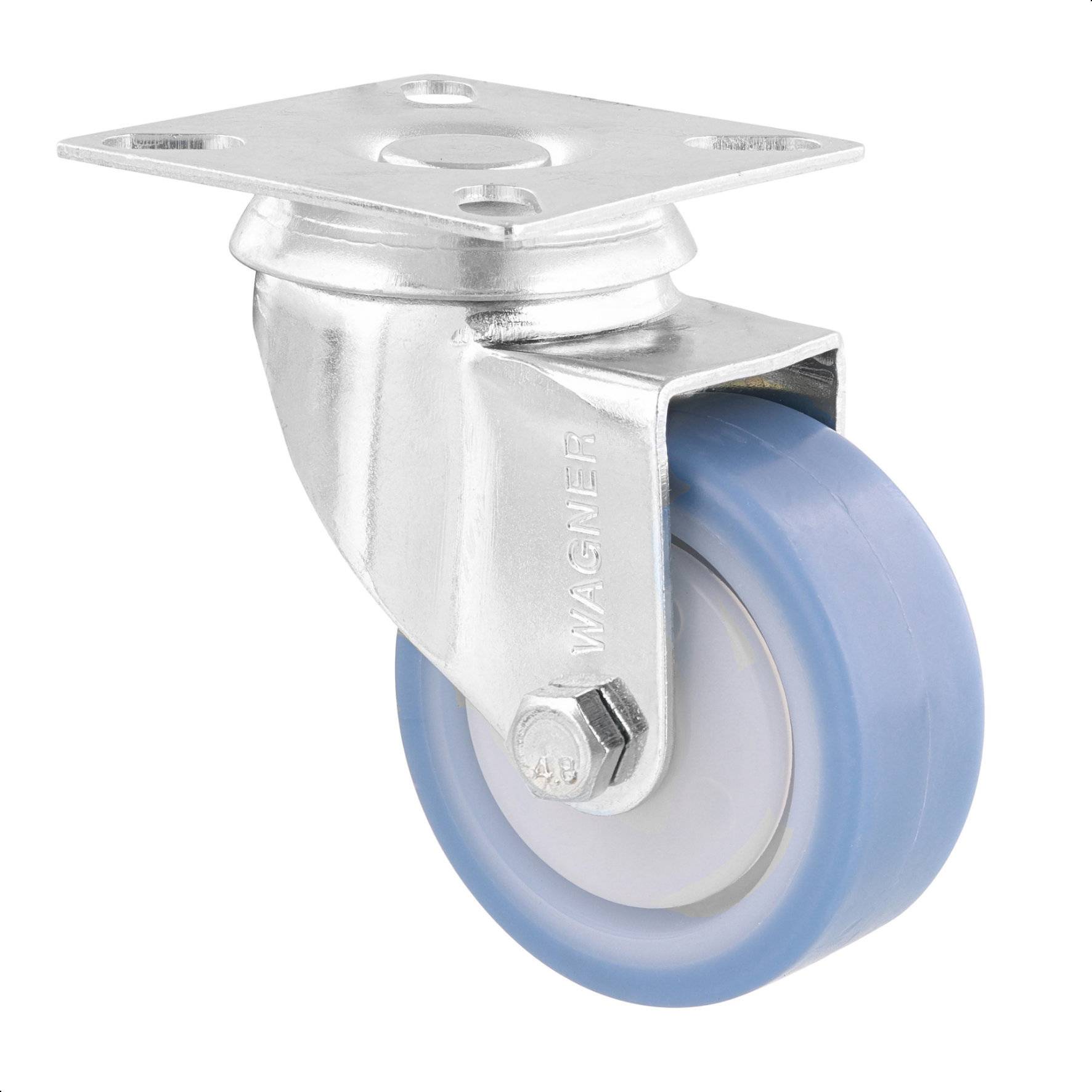 WAGNER Soft-Lenkrolle DELUXE - Ø 50 mm, Stahl verzinkt, blau/weiß, Anschraubplatte, Tragkraft 50 kg - 03175101-0