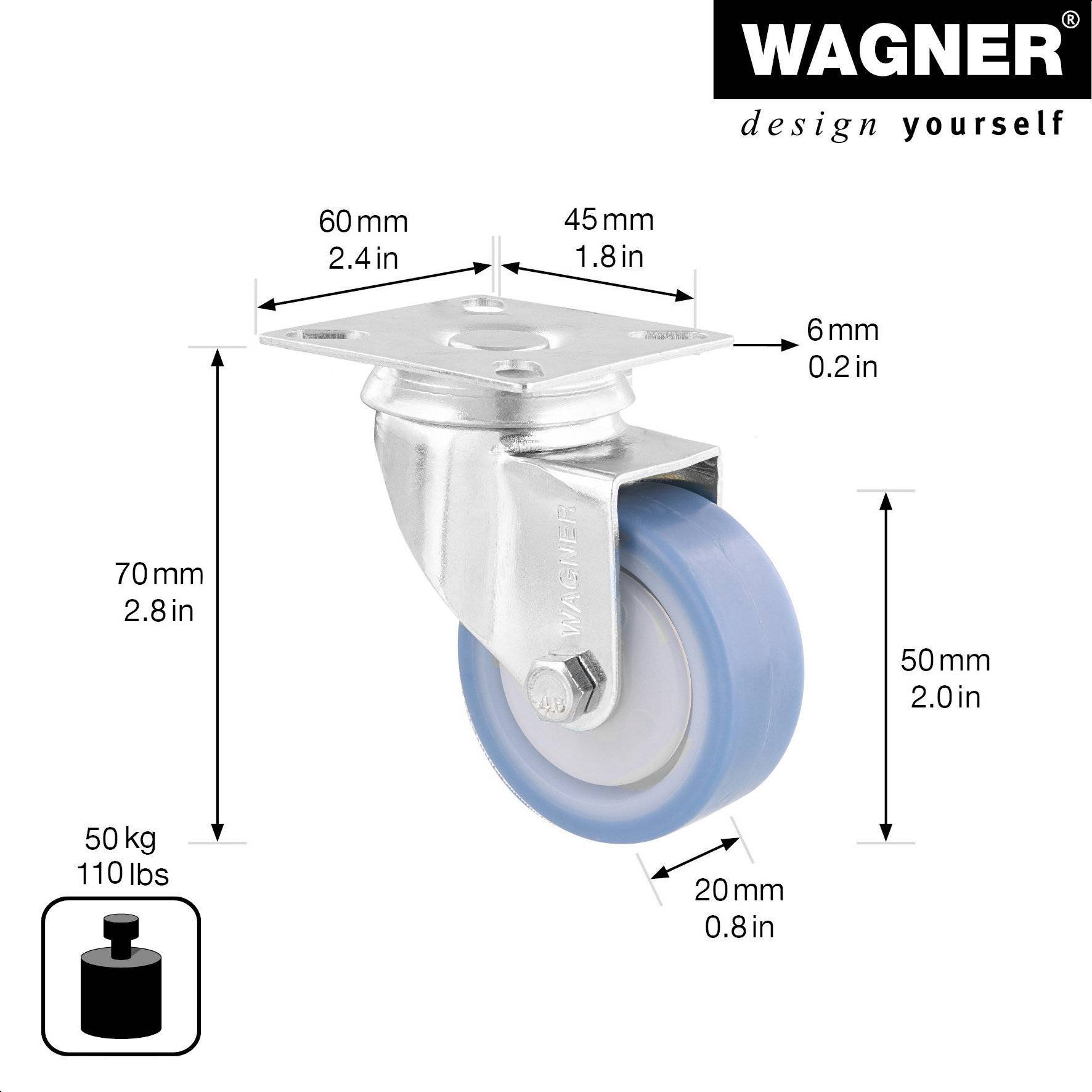 WAGNER Soft-Lenkrolle DELUXE - Ø 50 mm, Stahl verzinkt, blau/weiß, Anschraubplatte, Tragkraft 50 kg - 03175101-1
