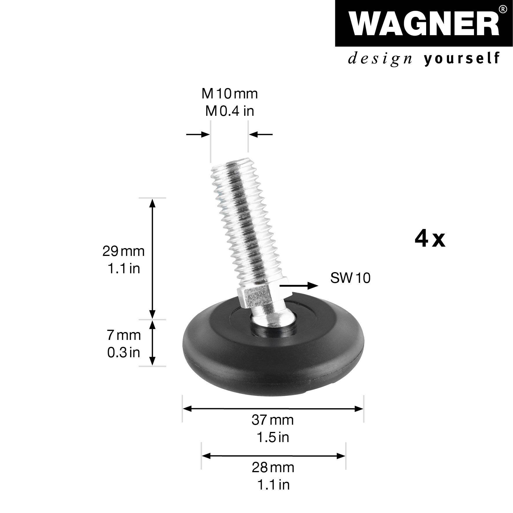 WAGNER Verstellfuß Kugelgelenk, schwarz 4tlg. Set - Ø 37 mm, Gewinde M10x25 mm, Gleiter ULTRASOFT, DE Ware - 15416100-1