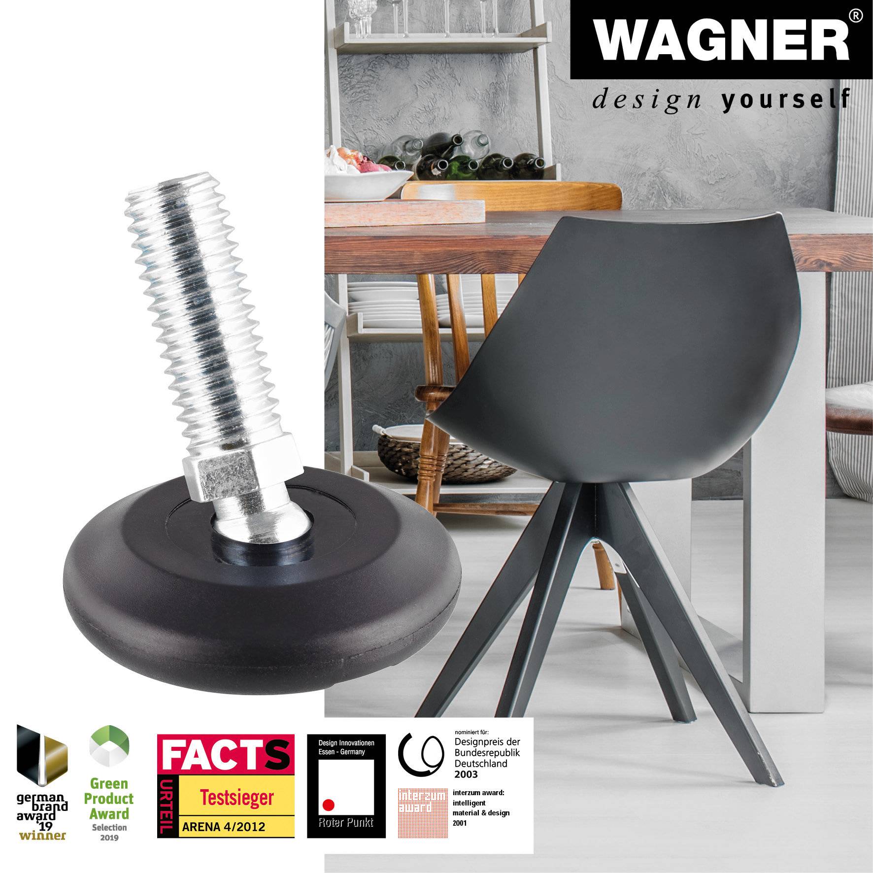 WAGNER Verstellfuß Kugelgelenk, schwarz 4tlg. Set - Ø 37 mm, Gewinde M10x25 mm, Gleiter ULTRASOFT, DE Ware - 15416100-2