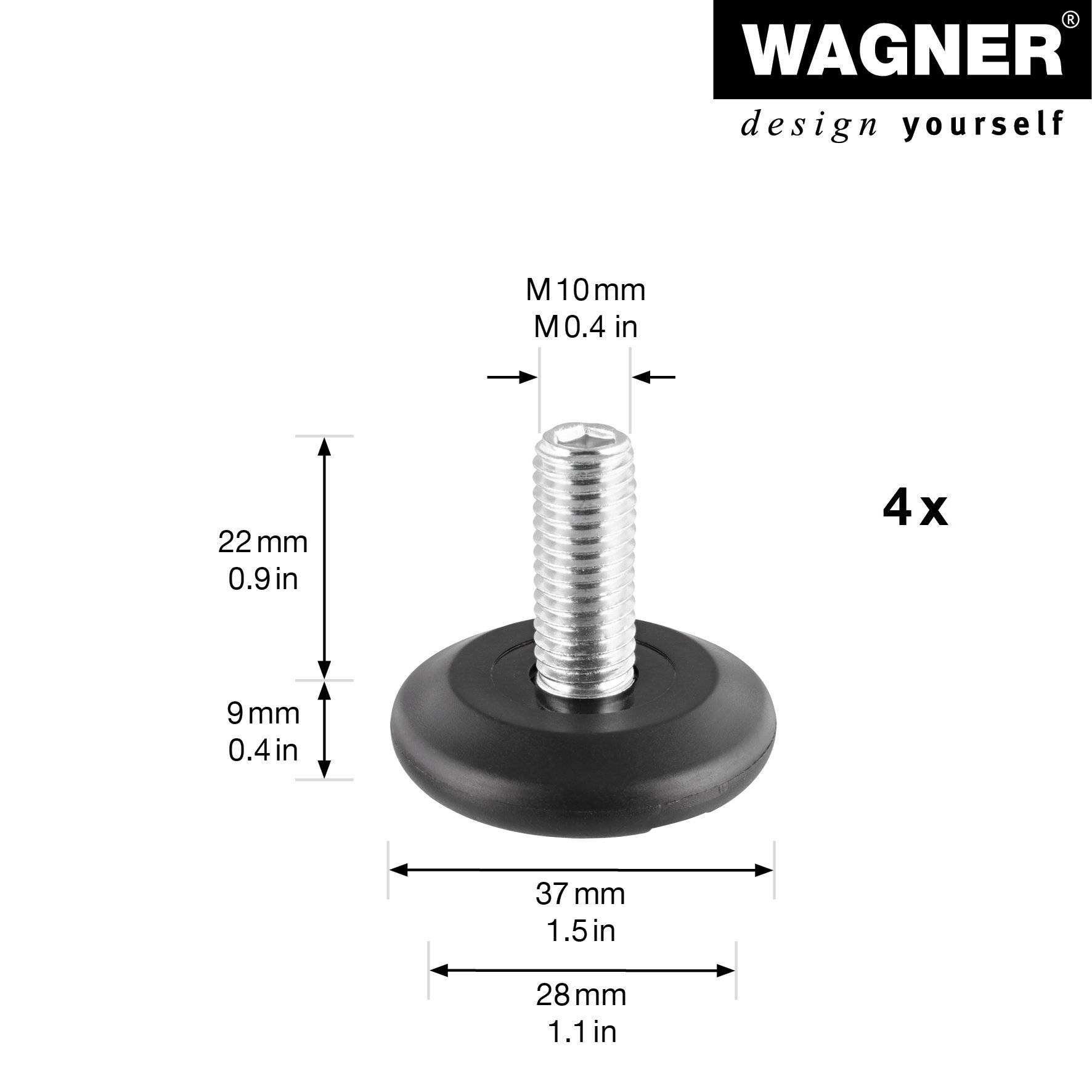 WAGNER Verstellfuß starr, schwarz 4tlg. Set - Ø 37 mm, Gewinde M10x25 mm, Gleiter BLACK, DE Ware - 15413004-1