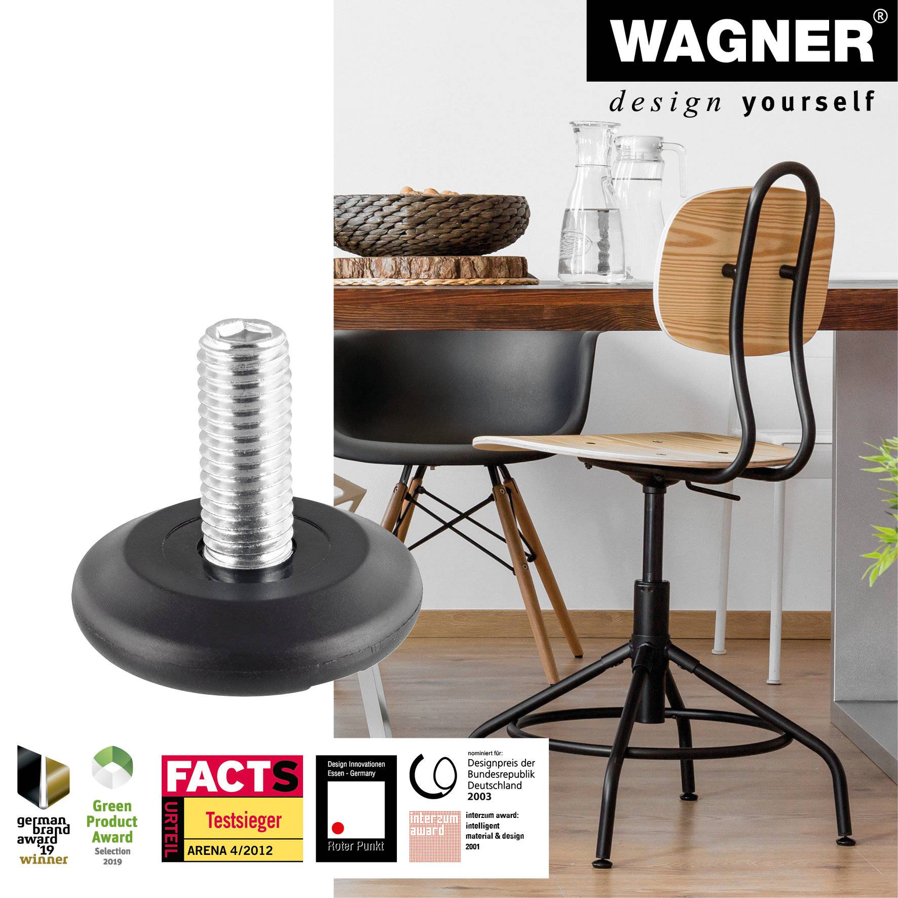 WAGNER Verstellfuß starr, schwarz 4tlg. Set - Ø 37 mm, Gewinde M10x25 mm, Gleiter BLACK, DE Ware - 15413004-2