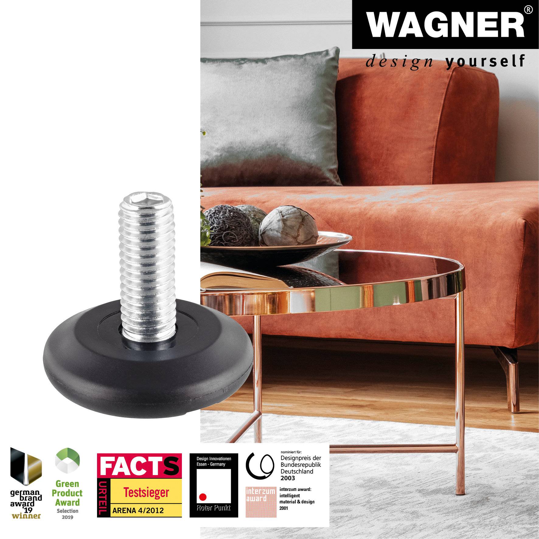 WAGNER Verstellfuß starr, schwarz 4tlg. Set - Ø 37 mm, Gewinde M10x25 mm, Gleiter HYPER, DE Ware - 15832500-2
