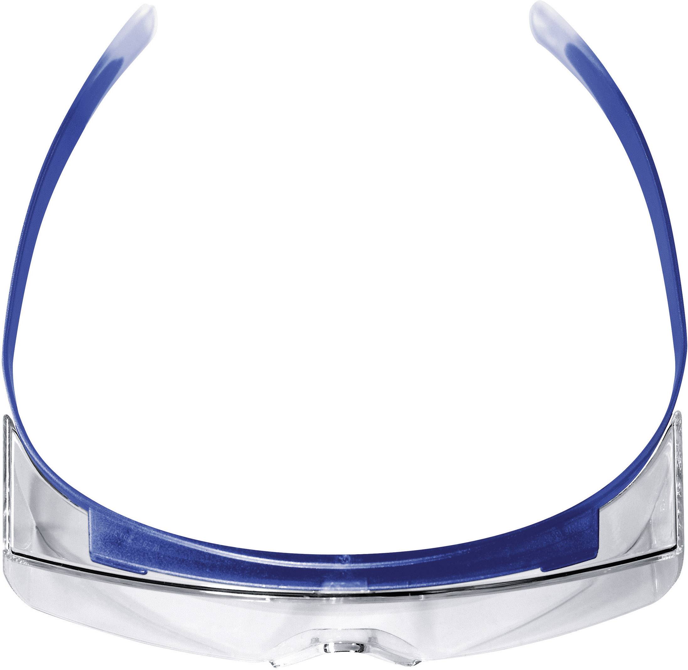 Schutzbrille mit blauem Rahmen und klaren Linsen. Geeignet für den Einsatz in laborähnlichen oder industriellen Umgebungen.