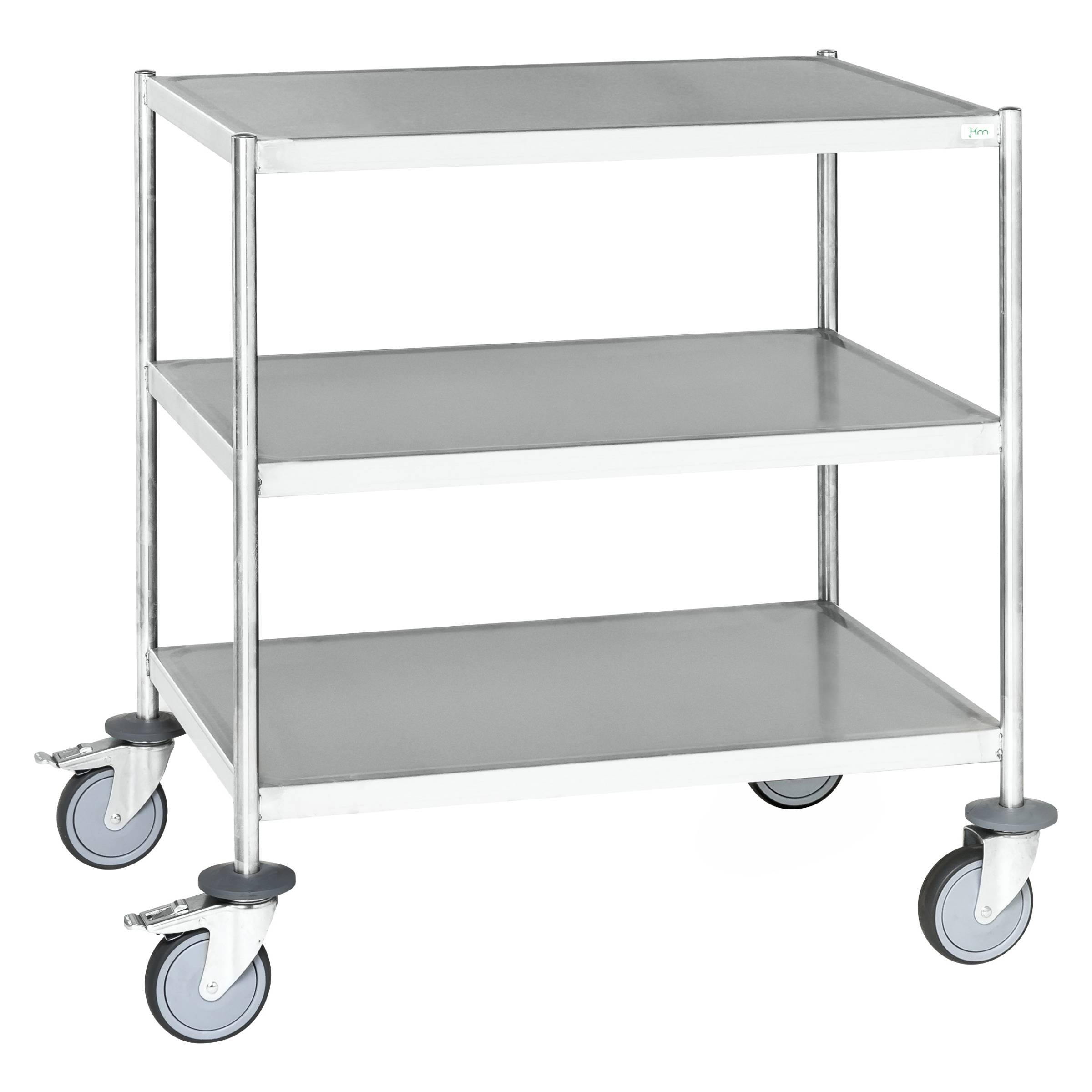 Kongamek Edelstahl- Etagenwagen vollständig geschweißt, 3 Ladeflächen 625x415mm Gummibereifung mi-0