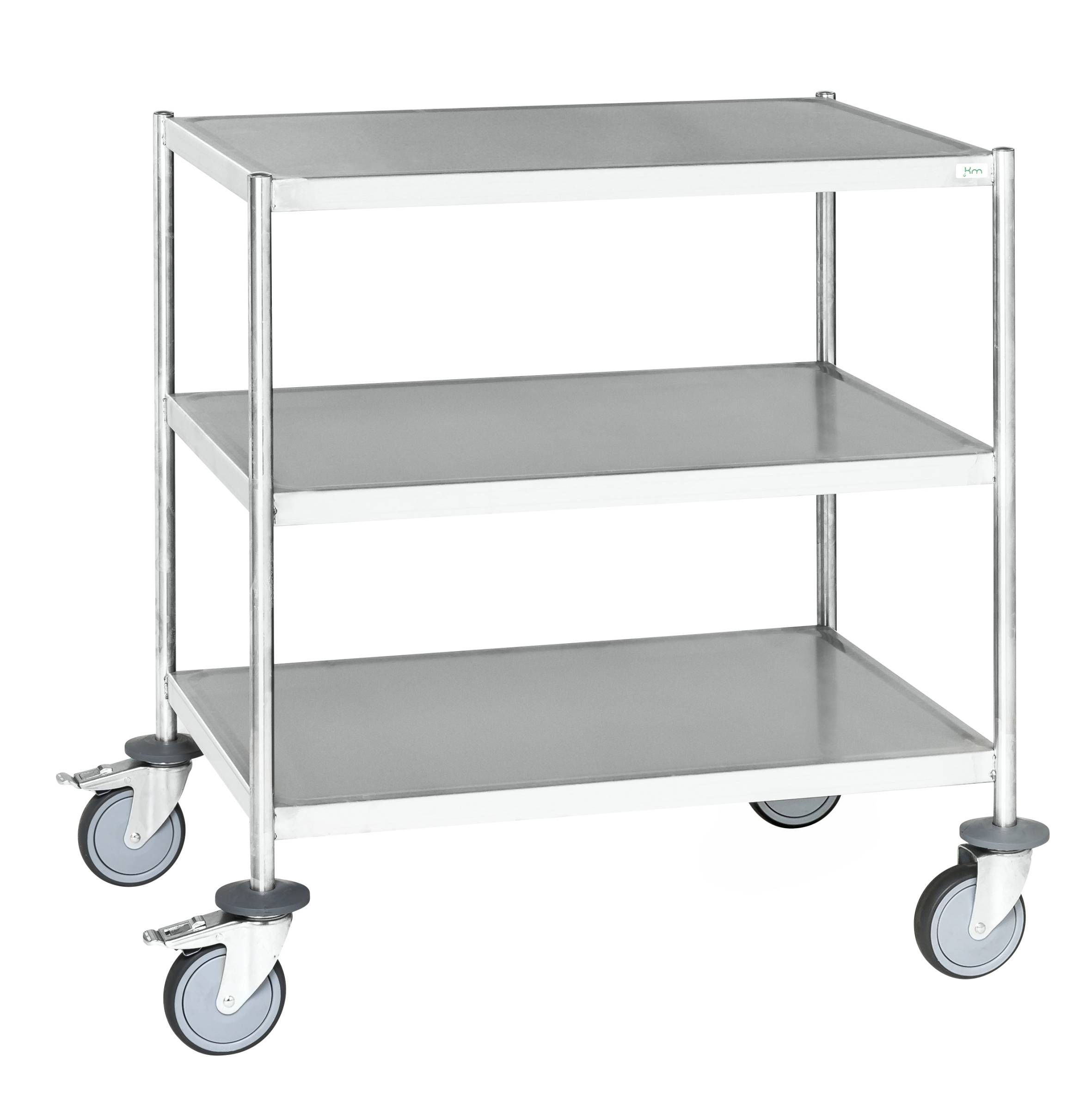 Kongamek Edelstahl- Etagenwagen vollständig geschweißt, 3 Ladeflächen 1050x550mm Gummibereifung m-0