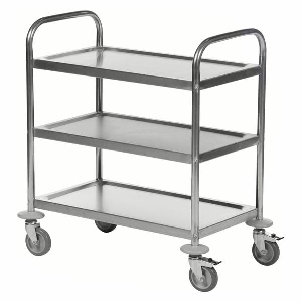 Kongamek Edelstahl- Tischwagen rostfrei mit 3 Böden 825x500mm mit Polyurethanbereifung und Bremse
