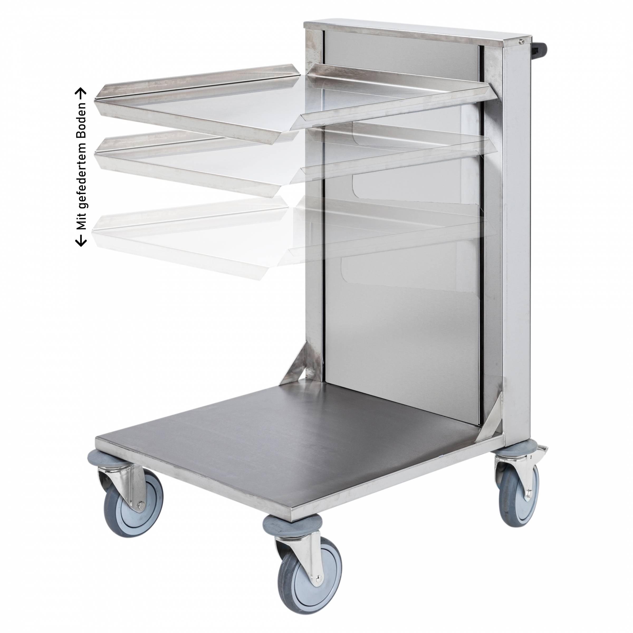 Kongamek Edelstahl- Kistenwagen 560x500x1565mm mit gefedertem Boden, Gummibereifung und Bremse-0