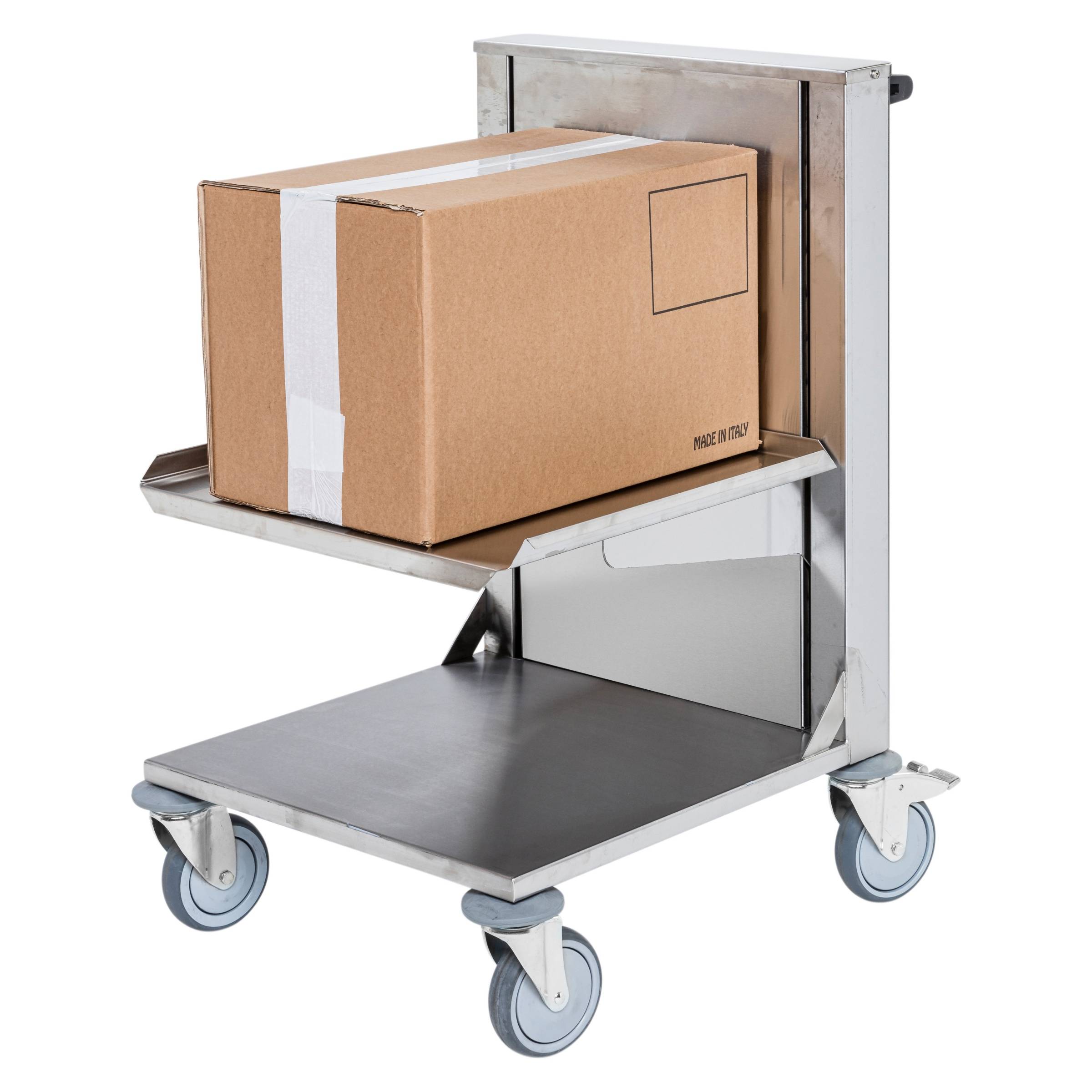 Kongamek Edelstahl- Kistenwagen 560x500x1565mm mit gefedertem Boden, Gummibereifung und Bremse-1