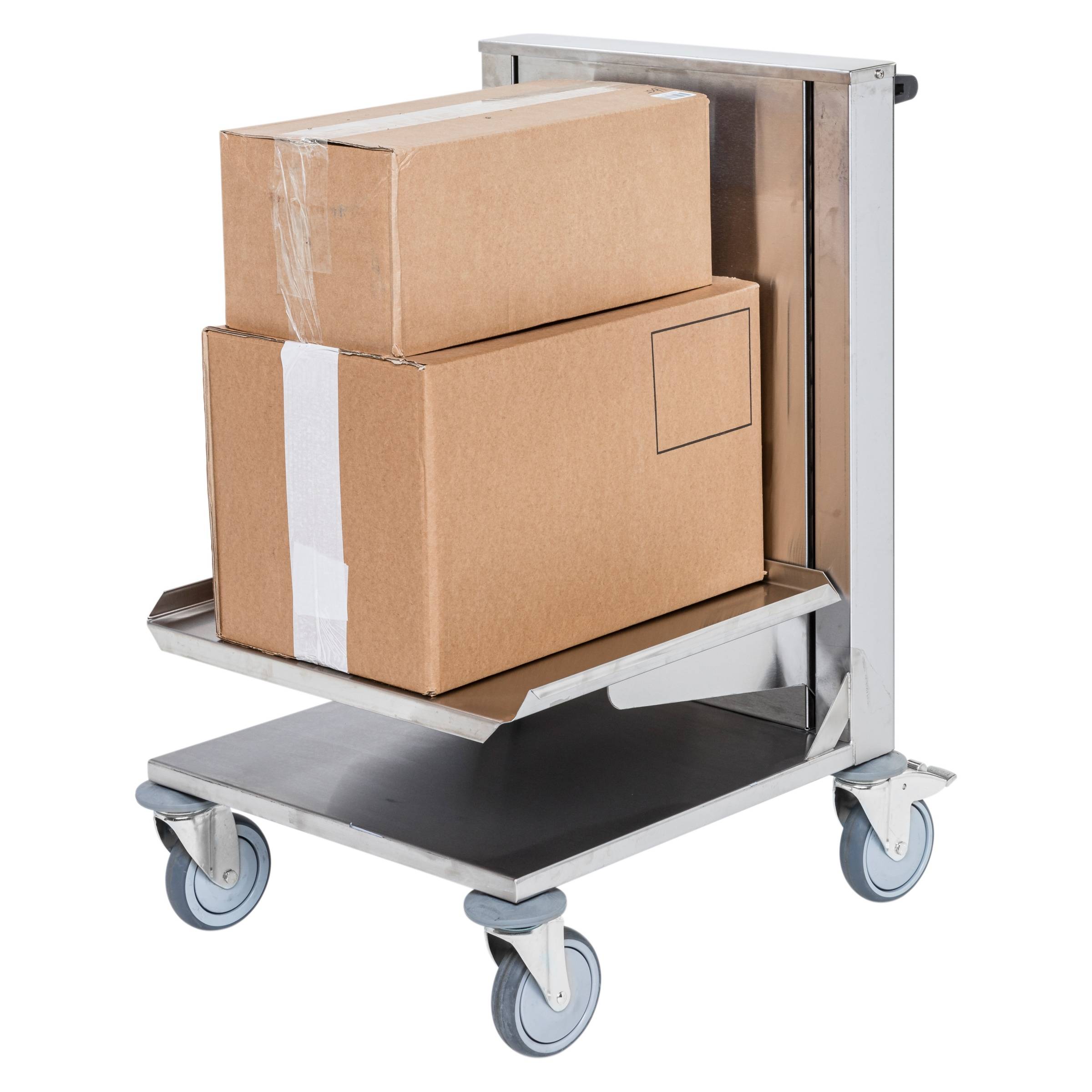 Kongamek Edelstahl- Kistenwagen 560x500x1565mm mit gefedertem Boden, Gummibereifung und Bremse-2