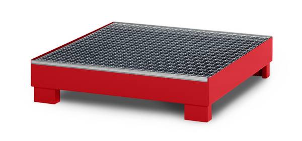 RR Industrietechnik Auffangwanne aus Stahl für 4x 200 Liter Fass mit Gitterrost RAL 3000 feuerrot