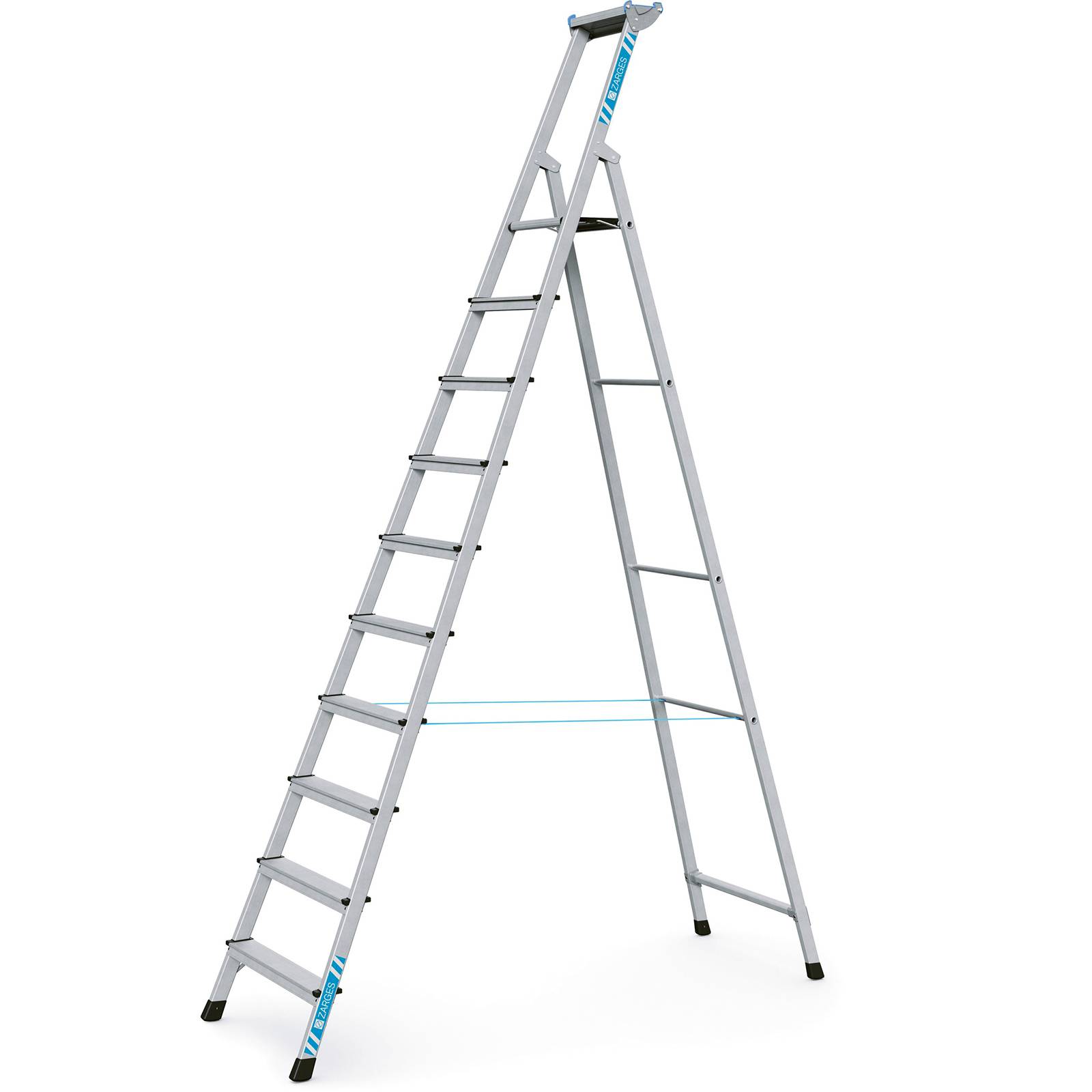 Profi-Stufenleiter einseitig begehbar Aluminium eloxiert mit Werkzeugablage für Handwerk und Industrie 10