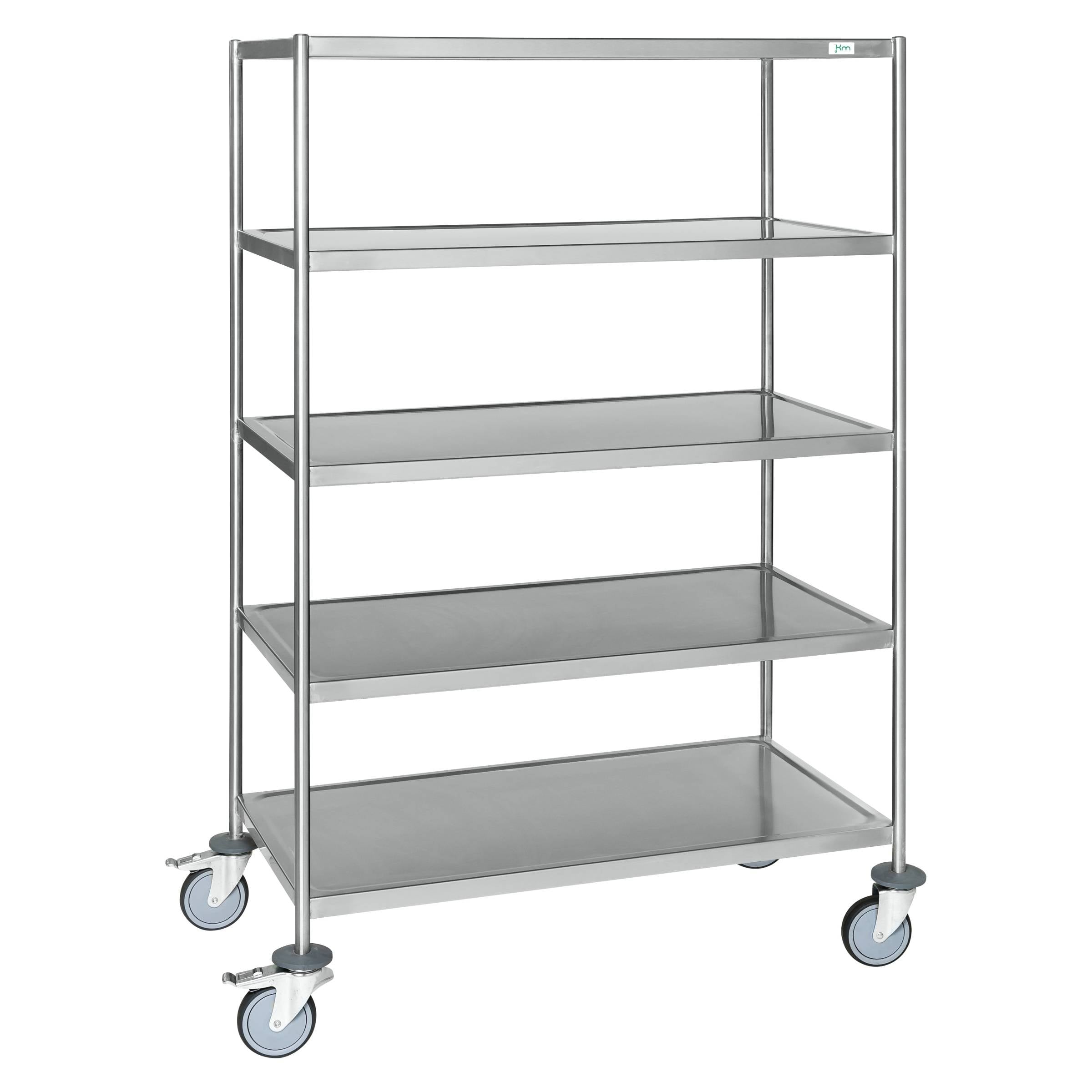 Kongamek Edelstahl- Etagenwagen vollständig geschweißt, 5 Ladeflächen 1050x550mm Gummibereifung m-0
