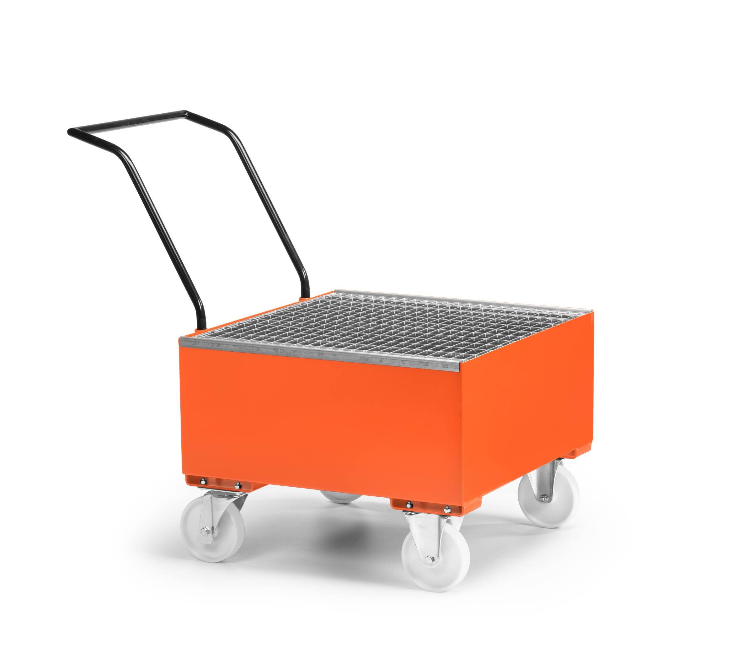 RR Industrietechnik Fahrbare Auffangwanne aus Stahl für 1x 200 Liter Fass mit Gitterrost RAL 2004 reinorange-0