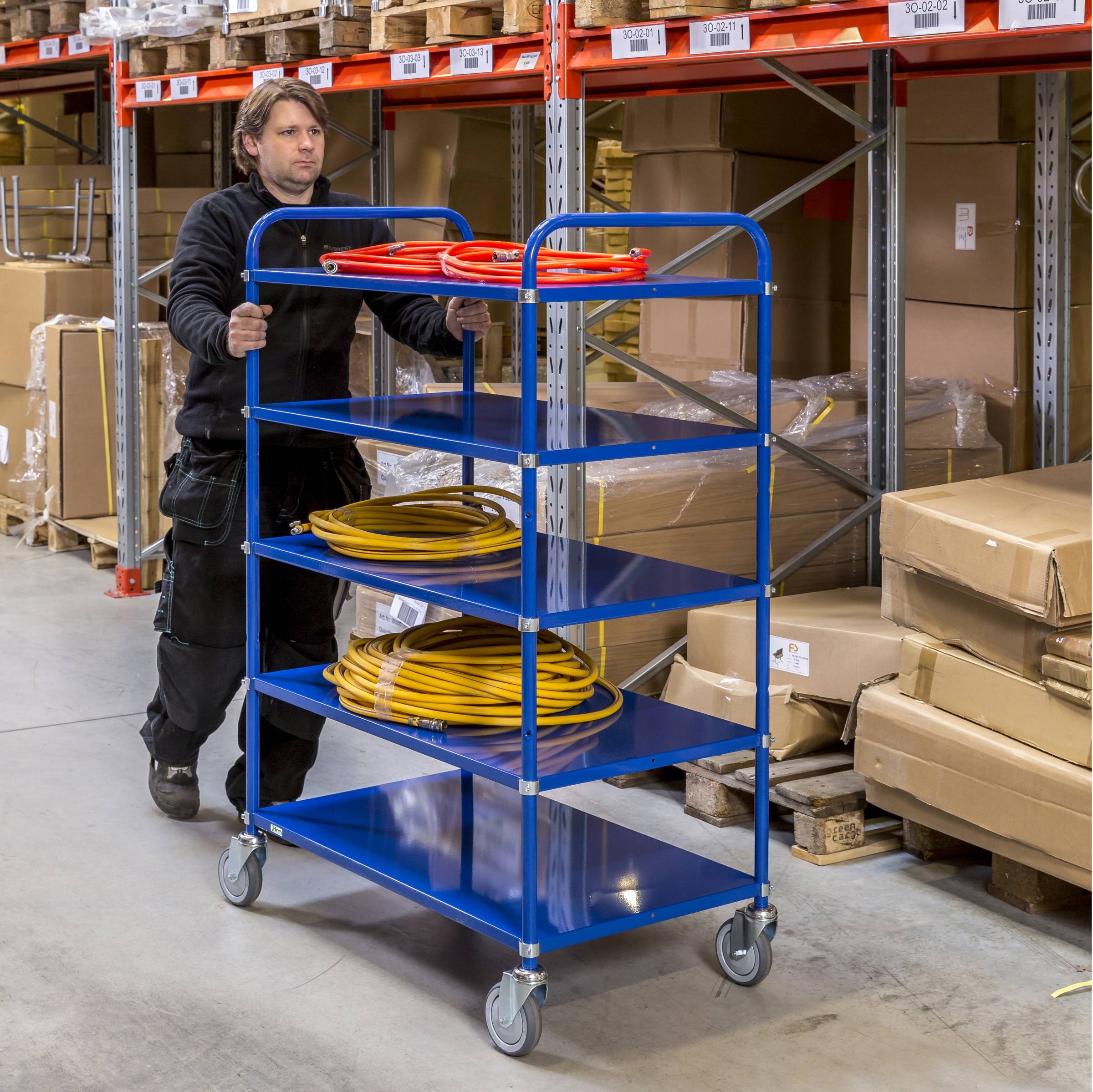 Kongamek Etagenwagen mit 5 Böden 900x440mm pulverbeschichtet in blau 24mm Rand ohne Bremse-3