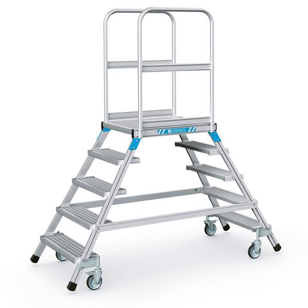 Zarges Podestleiter fahrbar mit 2x5 Stahl-Gitterrost-Stufen
