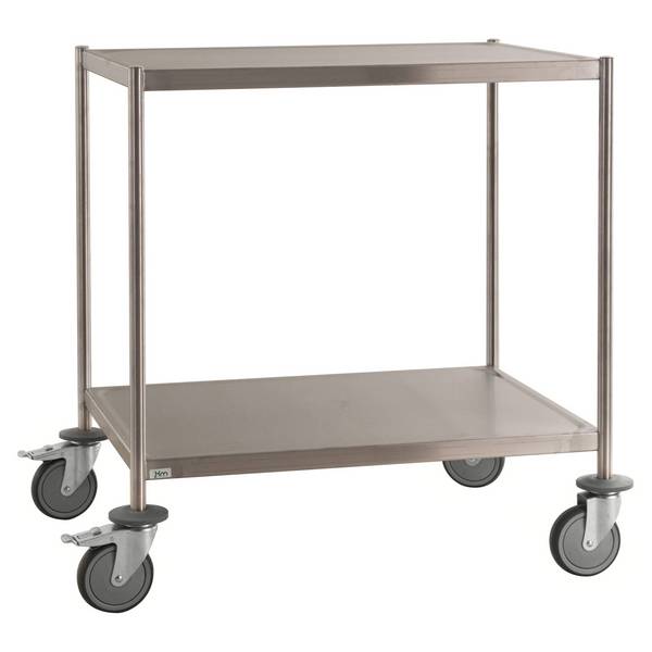 Kongamek Edelstahl- Etagenwagen vollständig geschweißt, 2 Ladeflächen 1050x550mm Gummibereifung m