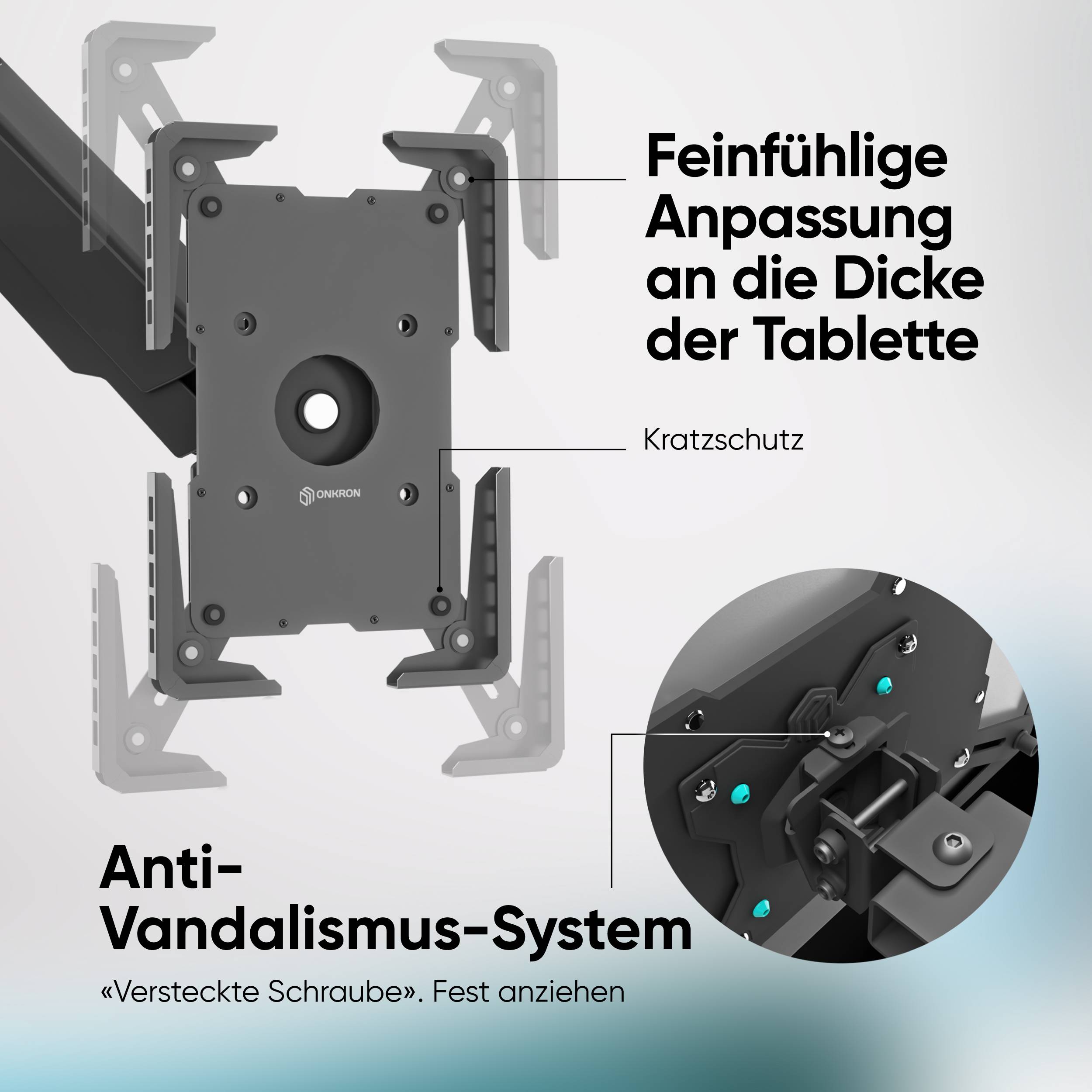 ONKRON VESA Adapter für Tablet 10.1-12.9 Zoll bis 2 kg, 360° Drehung, VESA 75x75, Schwarz APM-13T-5