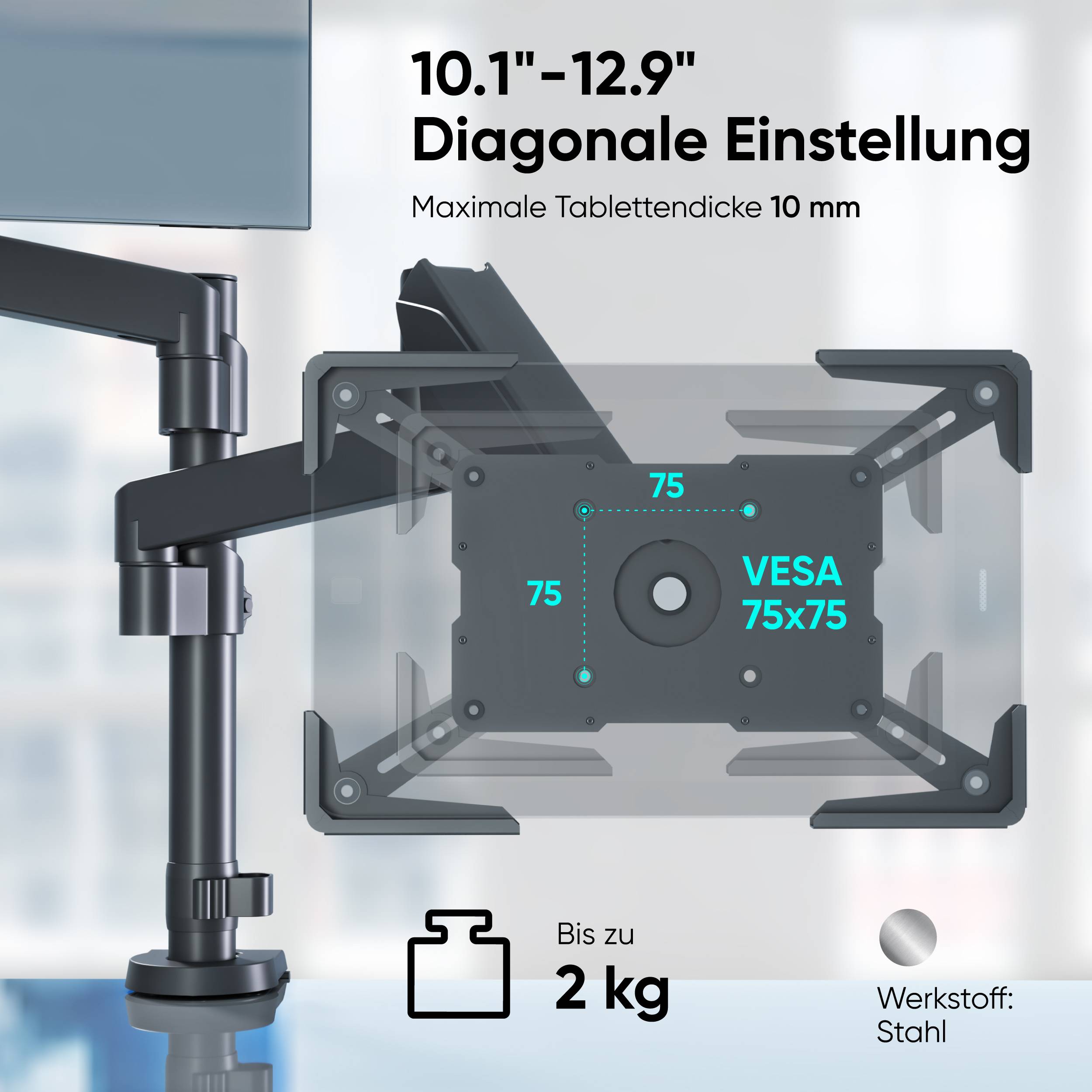 ONKRON VESA Adapter für Tablet 10.1-12.9 Zoll bis 2 kg, 360° Drehung, VESA 75x75, Schwarz APM-13T-3
