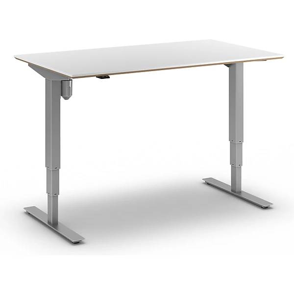 Schreibtisch Atlanta Trend elektrisch höhenverstellbar gerade BxT 1400 x 800 mm weiß/silber. TAKKT Industrial
