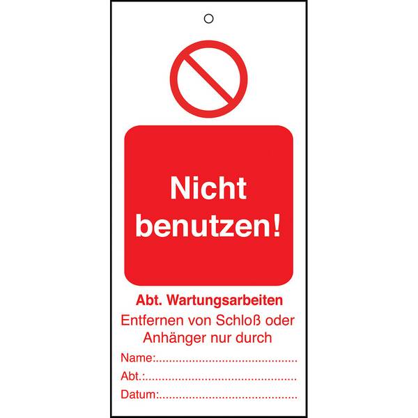 Anhänger: Nicht benutzen! Abt. Wartungsarbeiten - • 75 x 160 mm • Rot auf Weiß