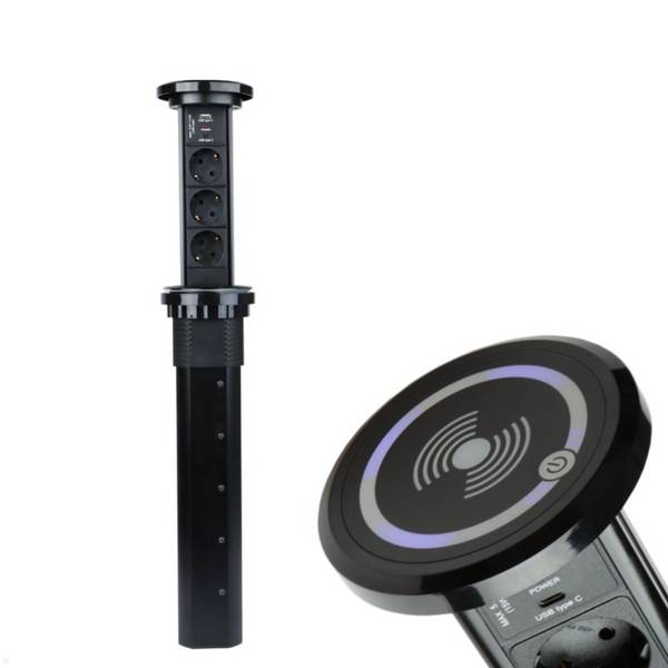 TecLines TVS006B versenkbare 3-fach Steckdosenleiste mit USB A/C, Qi, schwarz