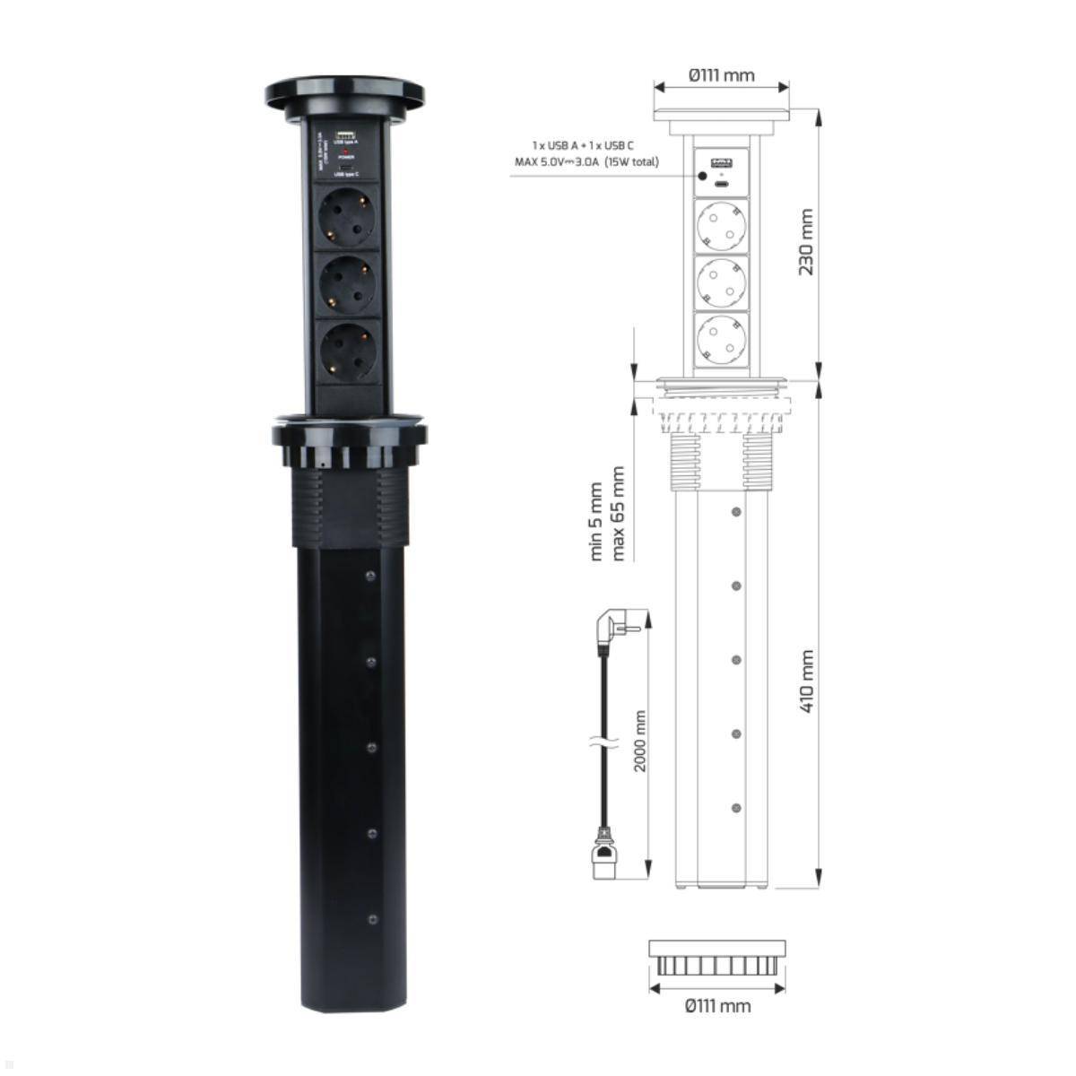 TecLines TVS006B versenkbare 3-fach Steckdosenleiste mit USB A/C, Qi, schwarz-1