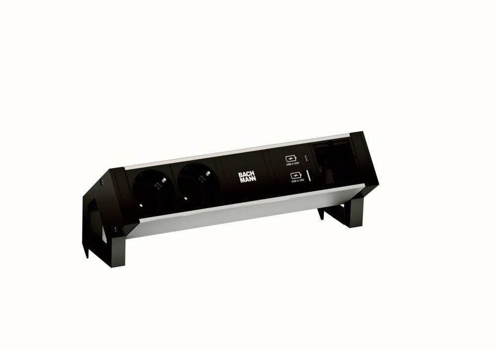 BACHMANN DESK2 ALU BLACK 2xSchutzkt.USB, USB Charger 22W A&C 1xABD 0,2m GST18-0